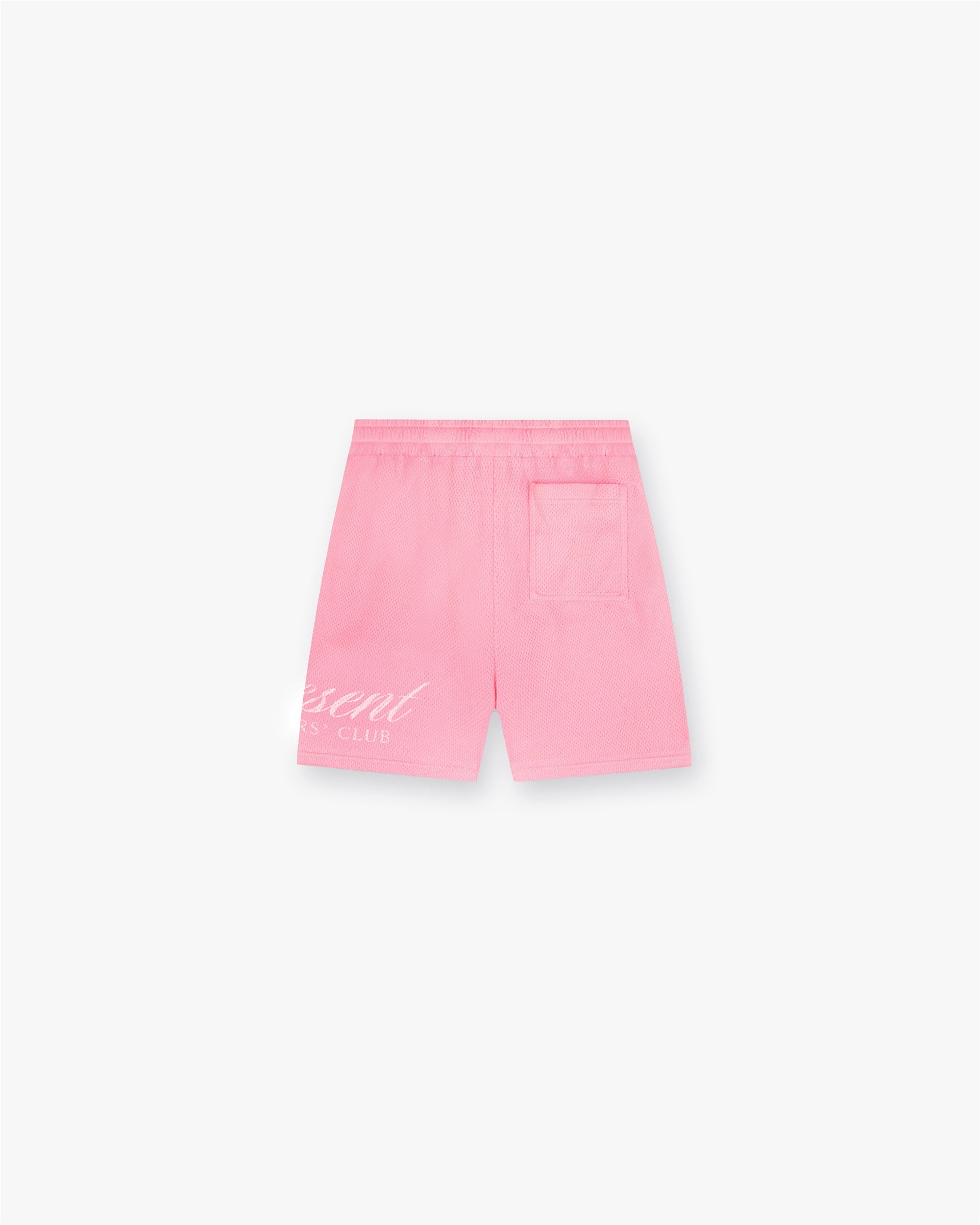 Back product image of mens pink shorts on a plain white background | Represent Owners Club Script Mesh Shorts in Pink | Shorts with elasticated waistband and zip pockets | Owners Club Shorts | Represent Clo