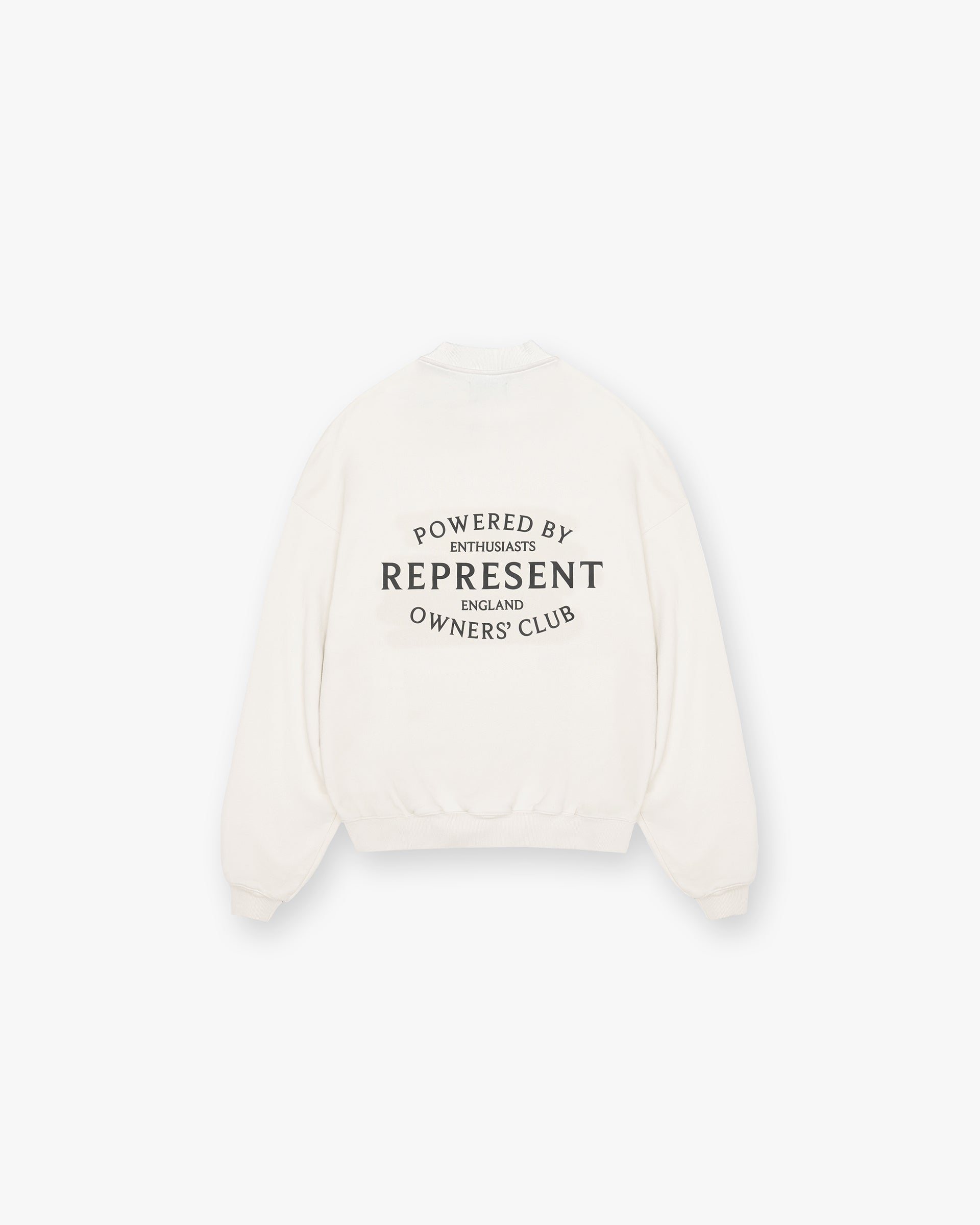 Front product image of a mens white sweater on a plain white background | Represent Owners Club Stamp Sweater in Flat White | Sweater with high build branding | Owners Club Sweaters | Represent Clo