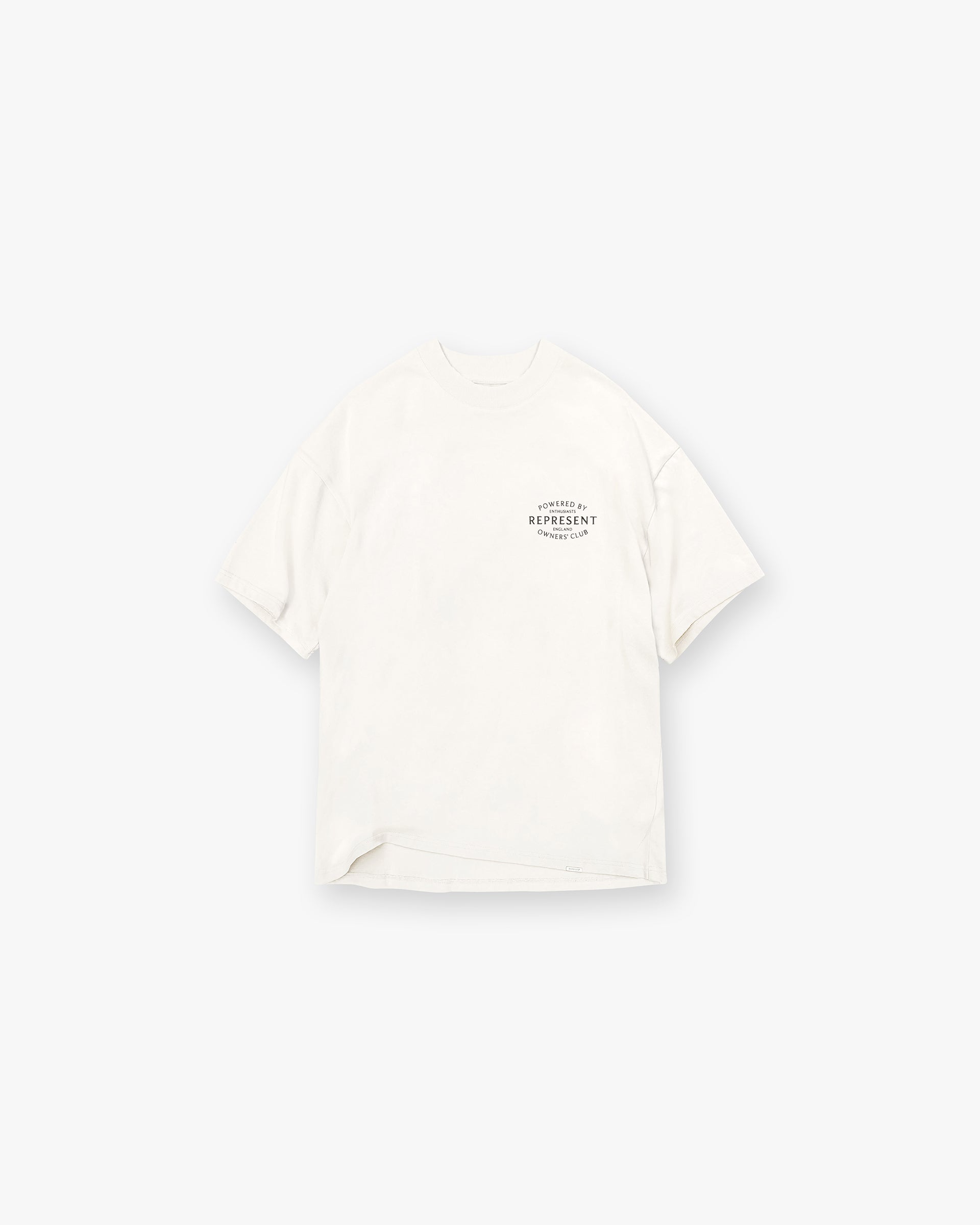 Back product image of a mens white t-shirt on a plain white background | Owners Club Stamp T-Shirt in Flat White | T-shirt with high build branding and metal bar logo | Owners Club T-Shirts | Represent Clo