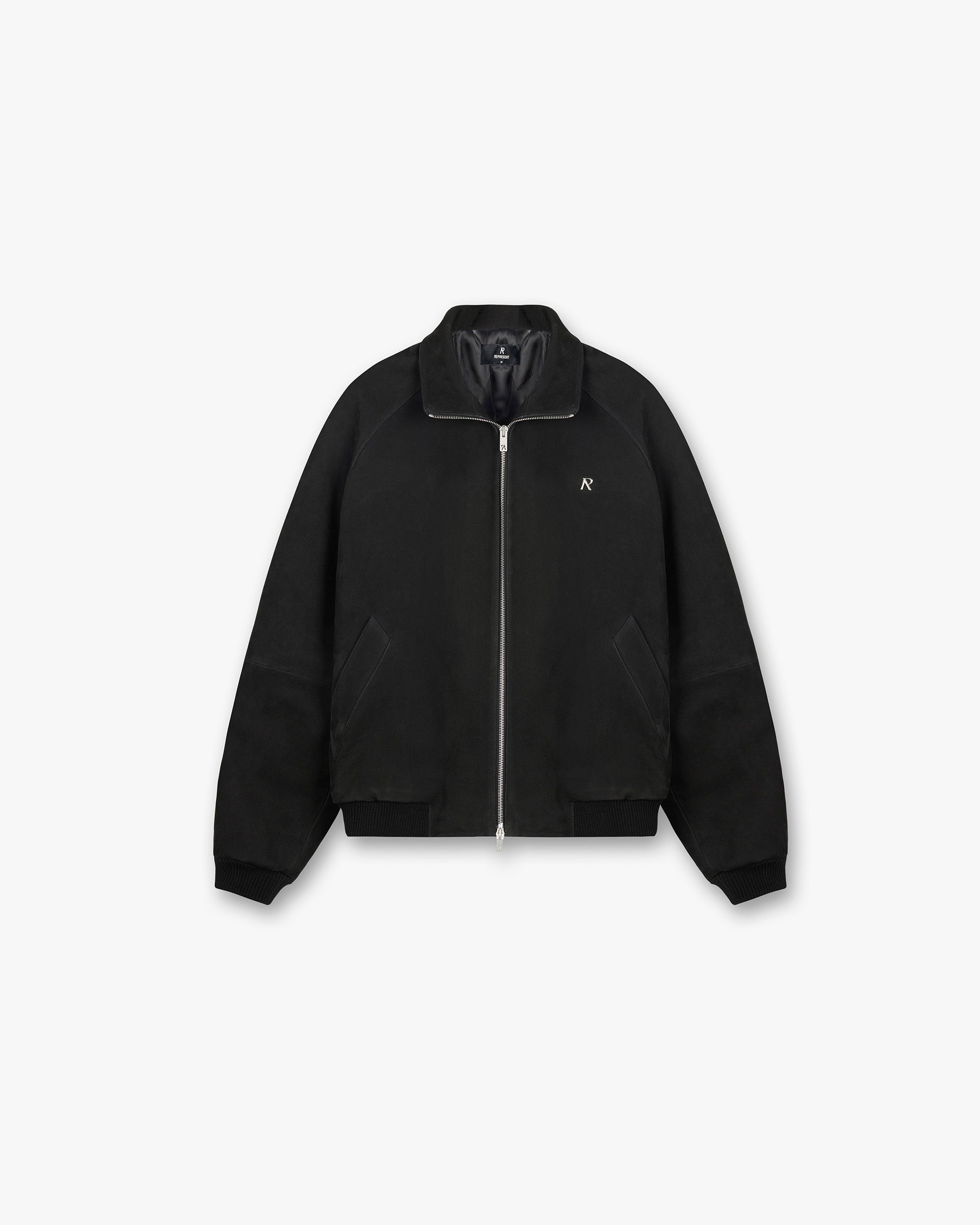 Front product image of a mens black suede bomber jacket on a plain white background | Suede Bomber in Black | Luxury suede bomber jacket | PRE SS25 Outerwear | Represent Clo