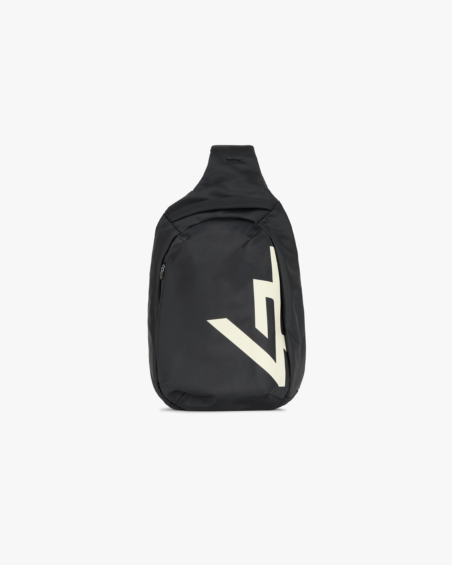 Front product image of a mens black sling bag on a plain white background | 247 Sling Bag in Black | Sling bag with adjustable strap | 247 Accessories | Represent Clo