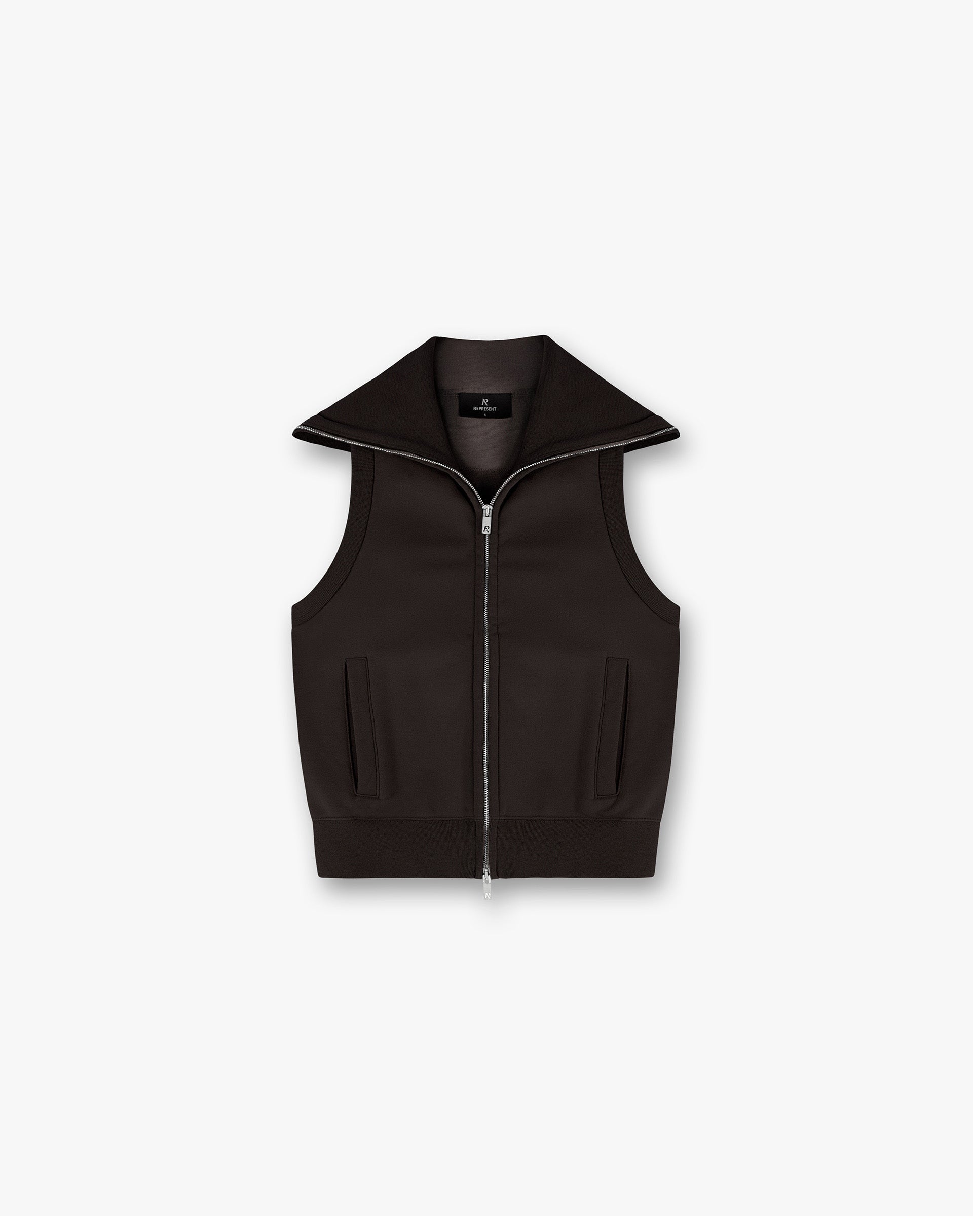 Front product image of a womens black gilet on a plain white background | Owners Club Gilet in Black Coffee | Gilet with supportive four-way stretch fabric | Womens Owners Club Outerwear | Represent Clo