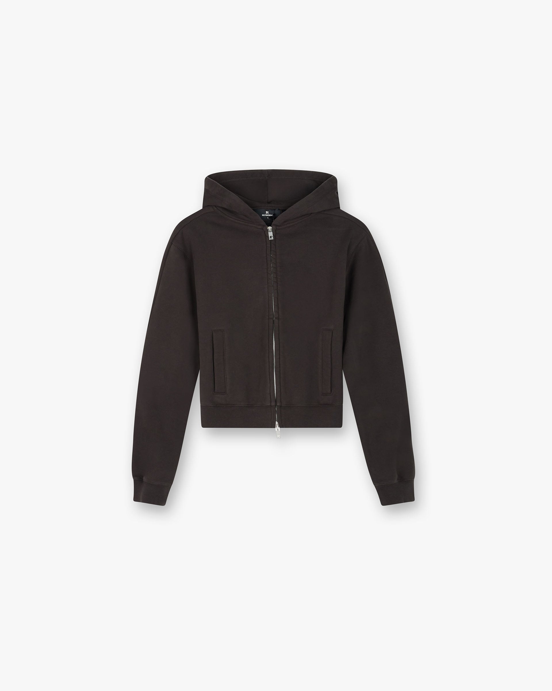 Front product image of a womens black hoodie on a plain white background | Owners Club Slim Zip Hoodie in Black Coffee | Slim fit zip through hoodie with ribbed hem | Womens Owners Club Hoodies | Represent Clo