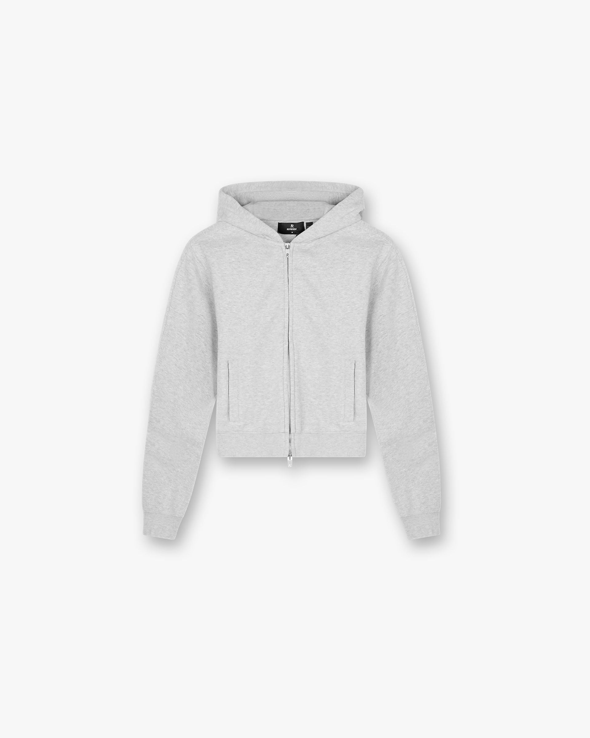Front product image of a womens grey slim zip hoodie on a plain white background | Owners Club Slim Zip Hoodie in Grey Marl | Cotton hoodie with camo detailing | Womens Owners Club Hoodies | Represent Clo