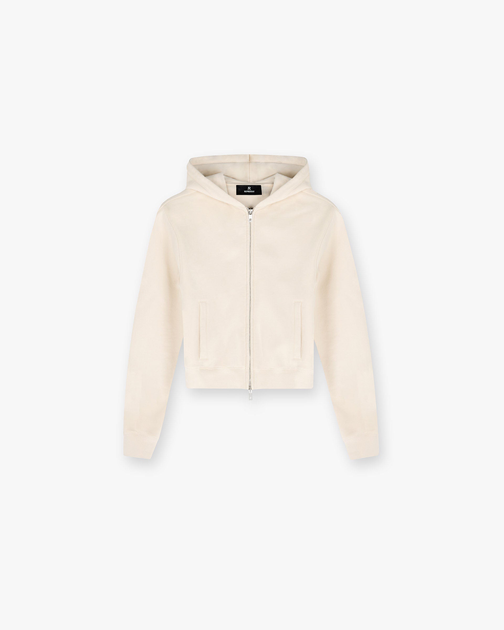 Front product image of a womens white zip hoodie on a plain white background | Owners Club Slim Zip Hoodie in Oat Milk | Slim fit zip hoodie | Womens Owners Club Hoodies | Represent Clo