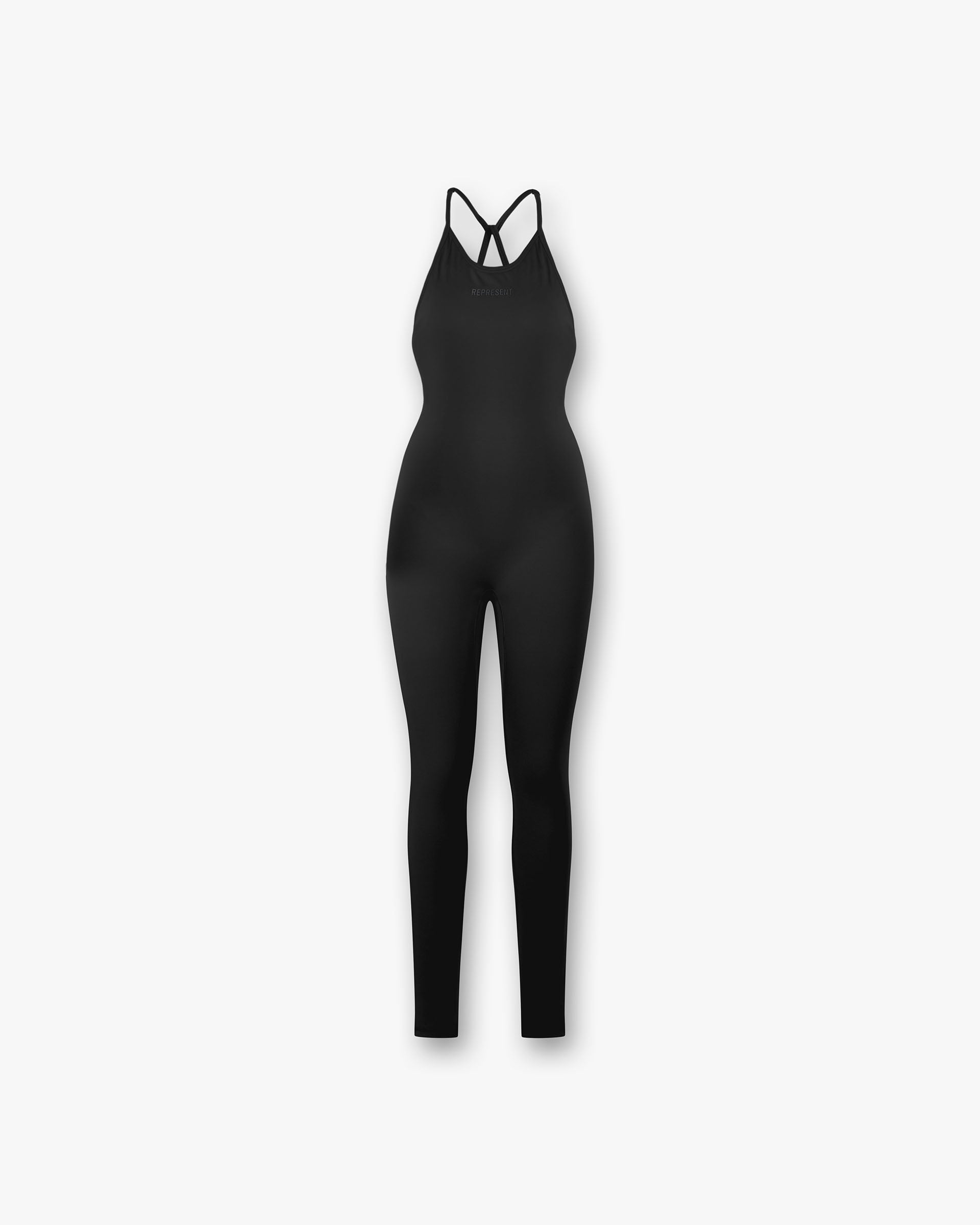 Front product image of a womens black unitard on a plain white background | Owners Club Unitard in Jet Black | Fitted unitard | Womens Owners Club Jumpsuits | Represent Clo