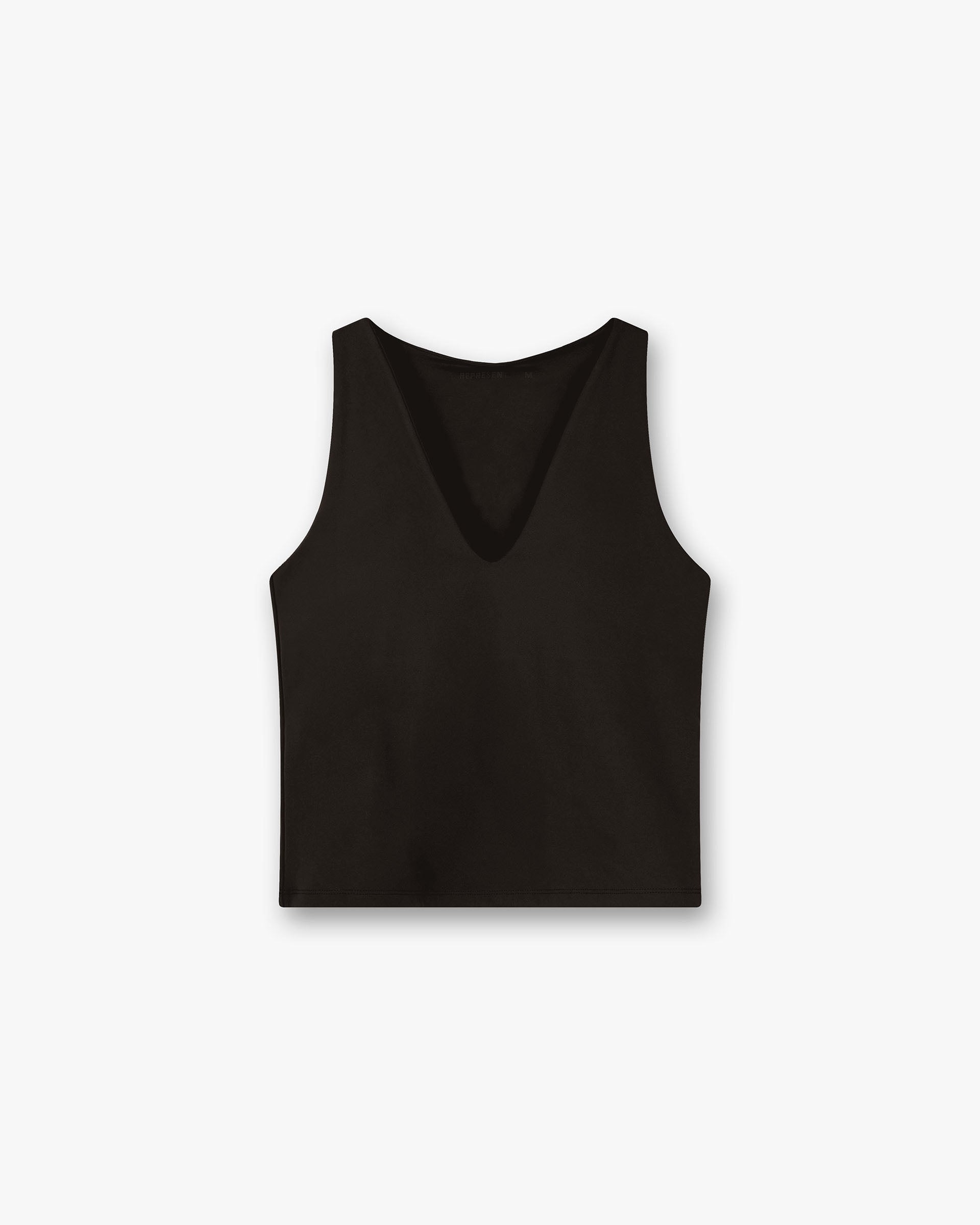 Front product image of a womens black tank top on a plain white background | Owners Club V Neck Tank Top in Black Coffee | Cotton tank top | Womens Owners Club Tops | Represent Clo
