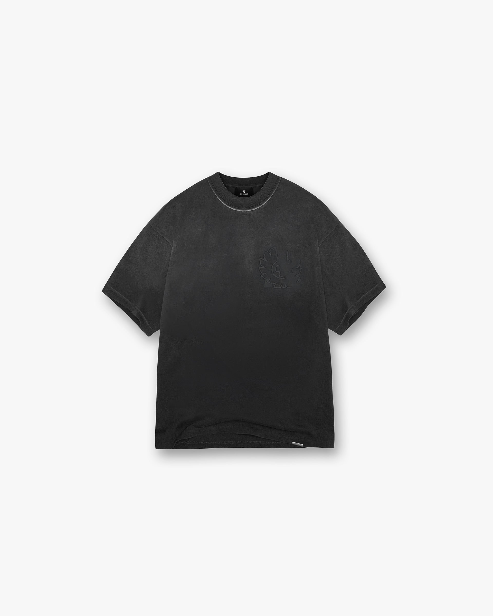 Front product image of a mens plum t-shirt on a plain white background | Represent X Belstaff Outline Phoenix T-Shirt in Shadow | Oversized t-shirt with stylised Initial and Phoenix logos | Exclusives T-Shirts | Represent Clo