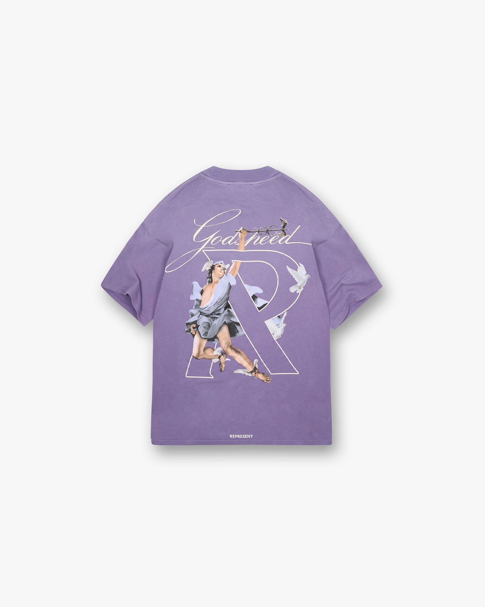 Back product image of a mens purple t-shirt on a plain white background | Hermes T-Shirt in Purple | Oversized t-shirt with high density screen print graphic | FW24 T-Shirts | Represent Clo