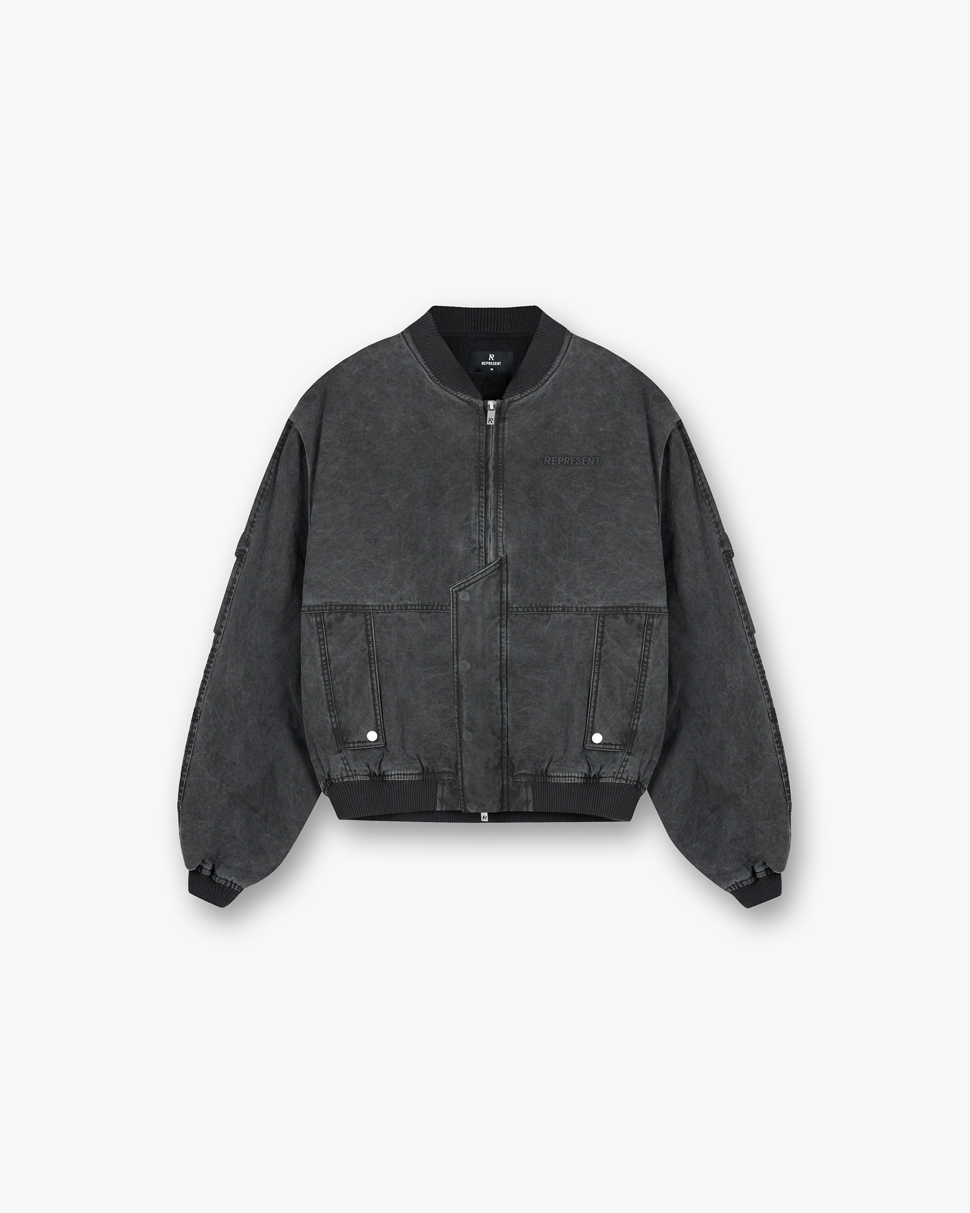 Front product image of a mens black bomber jacket on a plain white background | Inset Sleeve Bomber in Stained Black | Bomber jacket with inset sleeves | FW24 Outerwear | Represent Clo