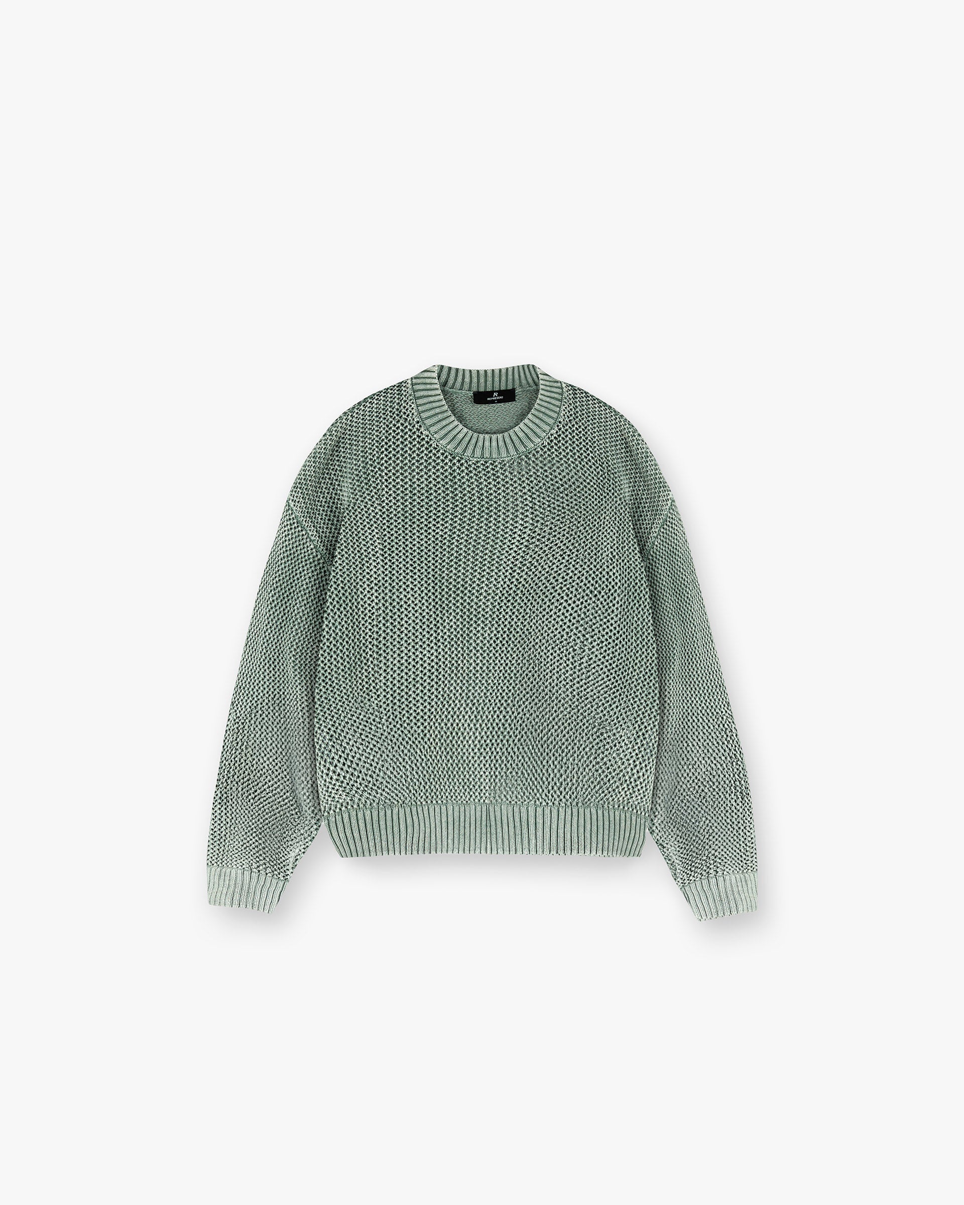 Front product image of a mens green knit sweater on a plain white background | Open Gauge Knit Sweater in Forest Green | Knitwear with open gauge design | SS25 Knitwear | Represent Clo
