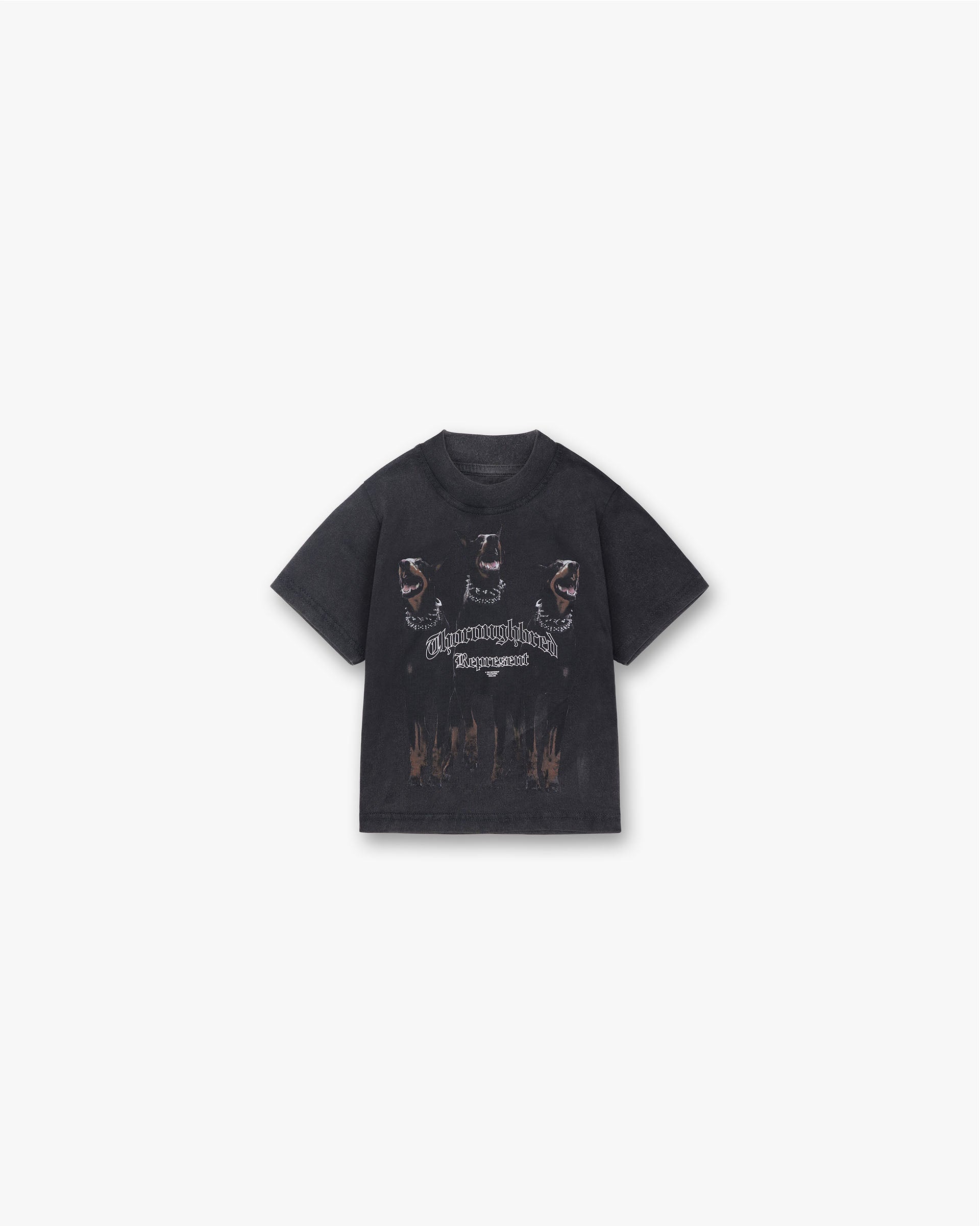 Front product image of a childs black t-shirt on a plain white background | Mini Thoroughbred T-Shirt in Vintage Black | Graphic t-shirt for kids | Mini T-Shirts | Represent Clo
