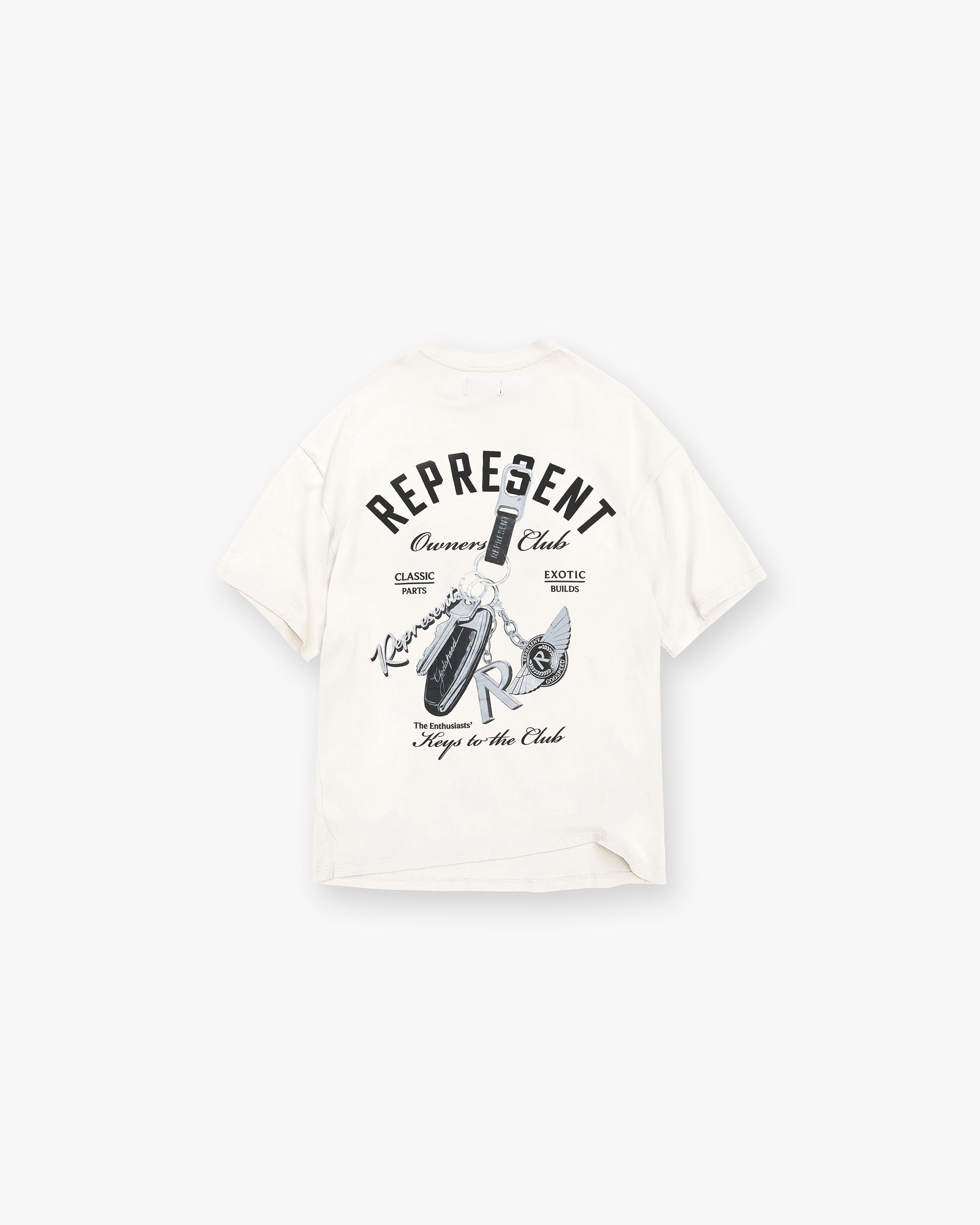 Back product image of a mens white t-shirt on a plain white background | Keys To The Club T-Shirt in Flat White | Slightly oversized t-shirt with graphic print | FW24 T-Shirts | Represent Clo