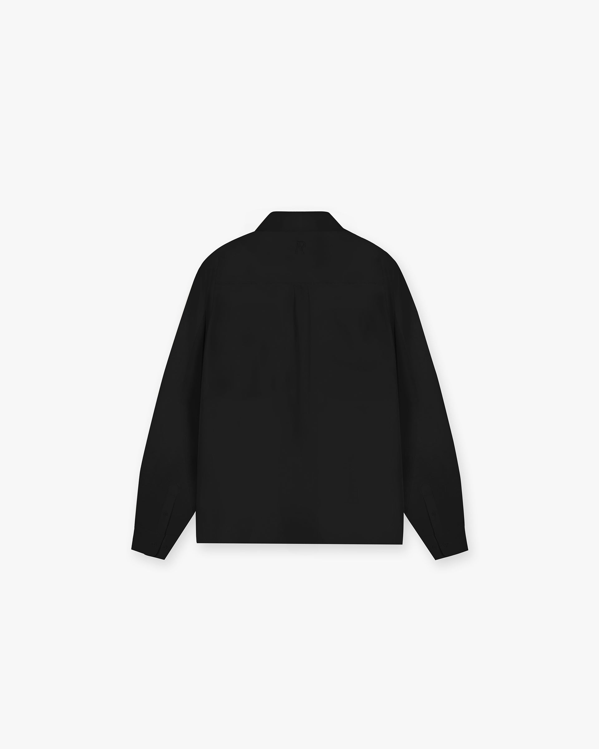 Back product image of a mens black shirt on a plain white background | Initial Shirt in Black | Drapey fabric oversized fit with chest pockets and concealed placket | Initial Shirts | Represent Clo