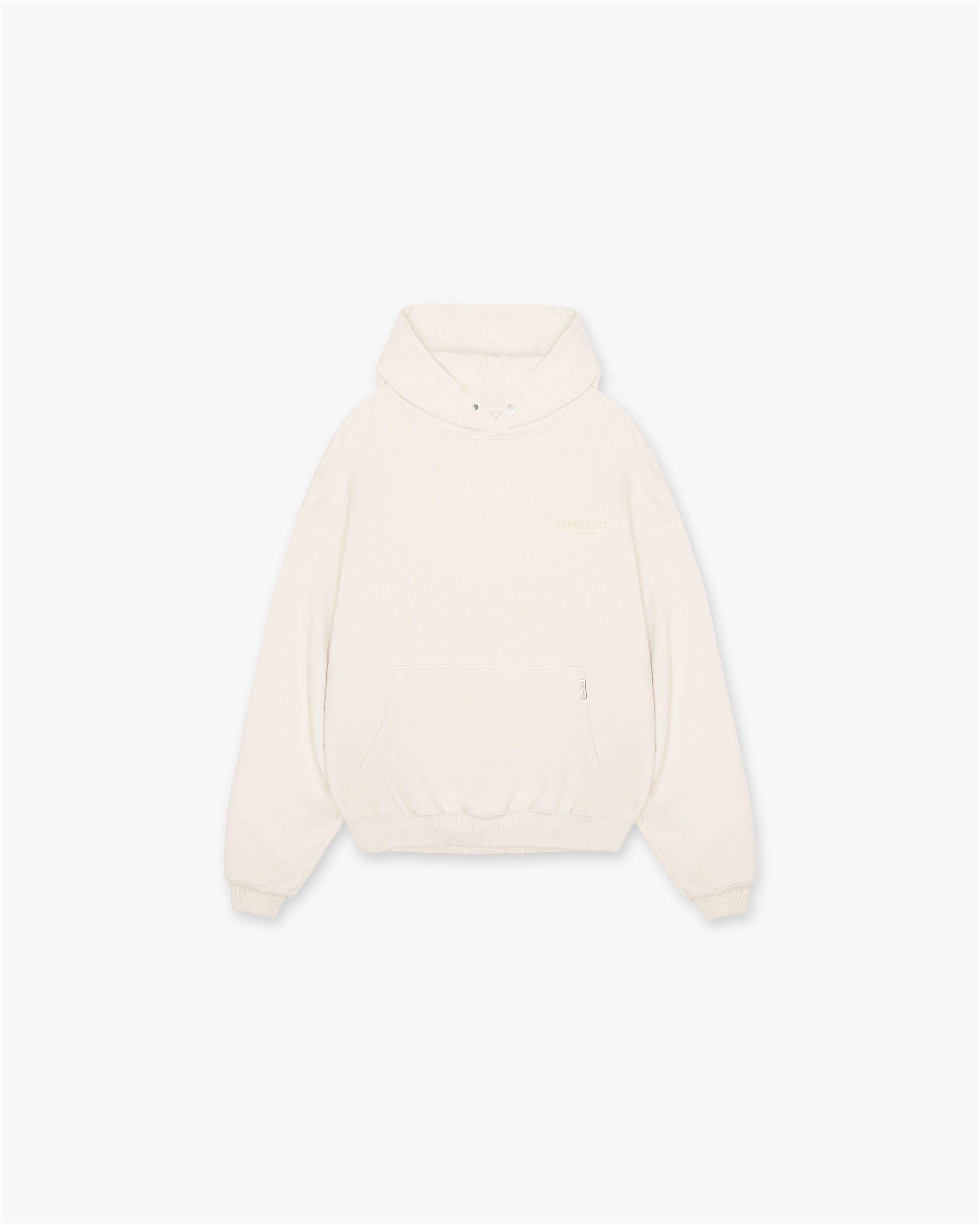 Back product image of a mens cream hoodie on a plain white background | Represent Owners Club Hoodie in Buttercream | Hoodie with oversized fit and ribbed trims | Owners Club Hoodies | Represent Clo