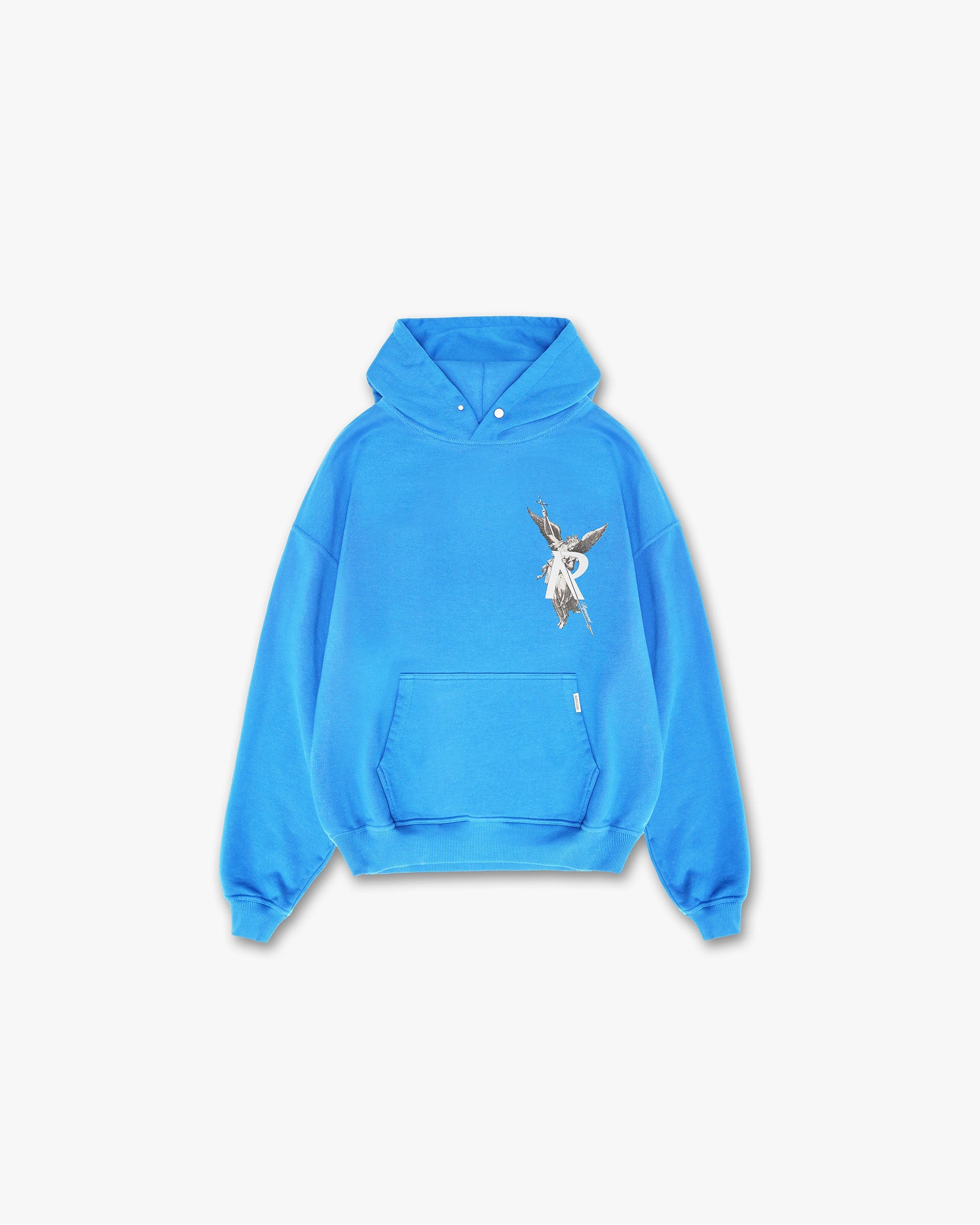 Front product image of a mens blue hoodie on a plain white background | Archangel Hoodie in Electric Blue | Hoodie with high build embroidered serif branding | FW24 Hoodies | Represent Clo