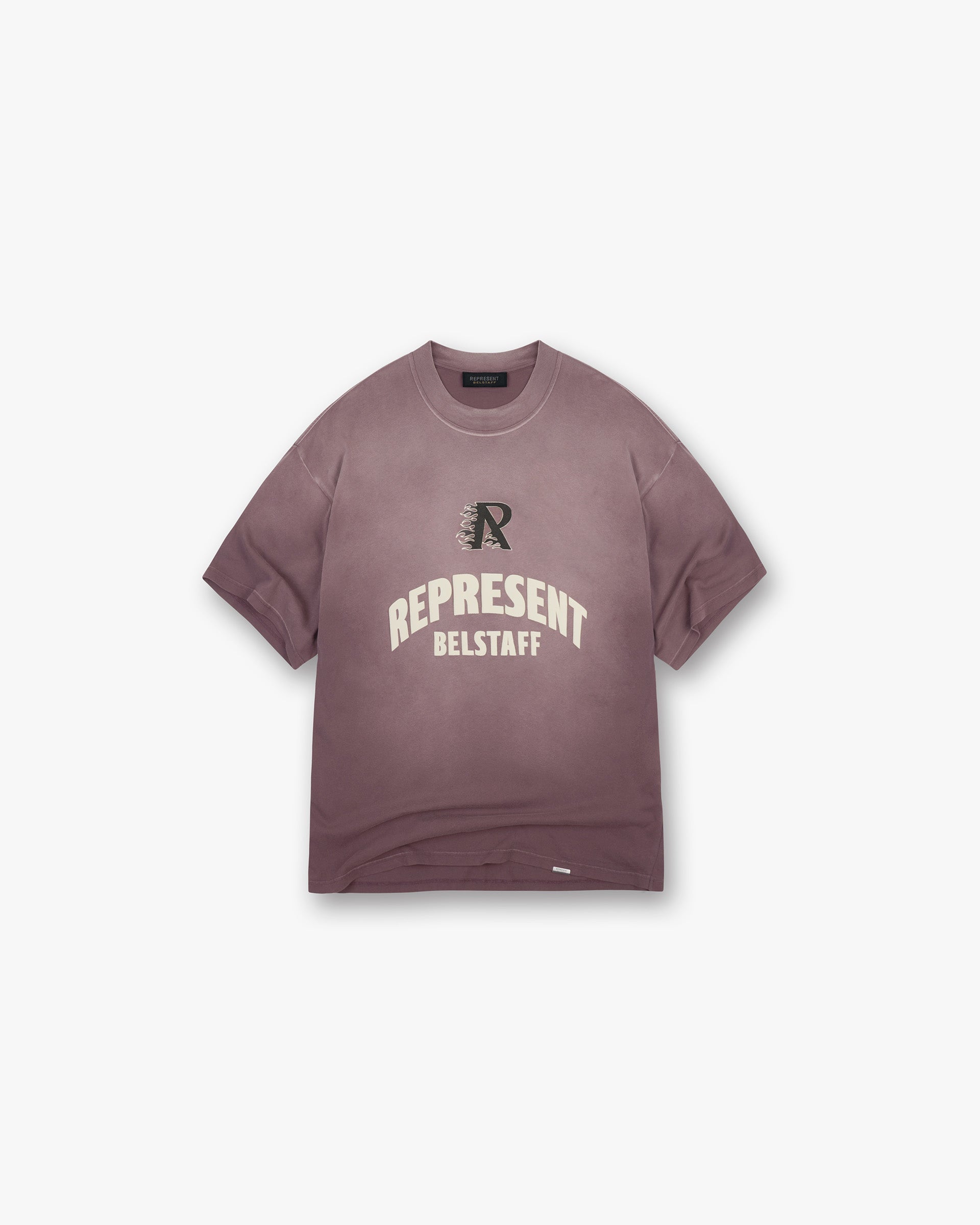 Front product image of a mens plum t-shirt on a plain white background | Represent X Belstaff Flame Phoenix T-Shirt in Plum | T-Shirt with flame phoenix design | Exclusives T-Shirts | Represent Clo