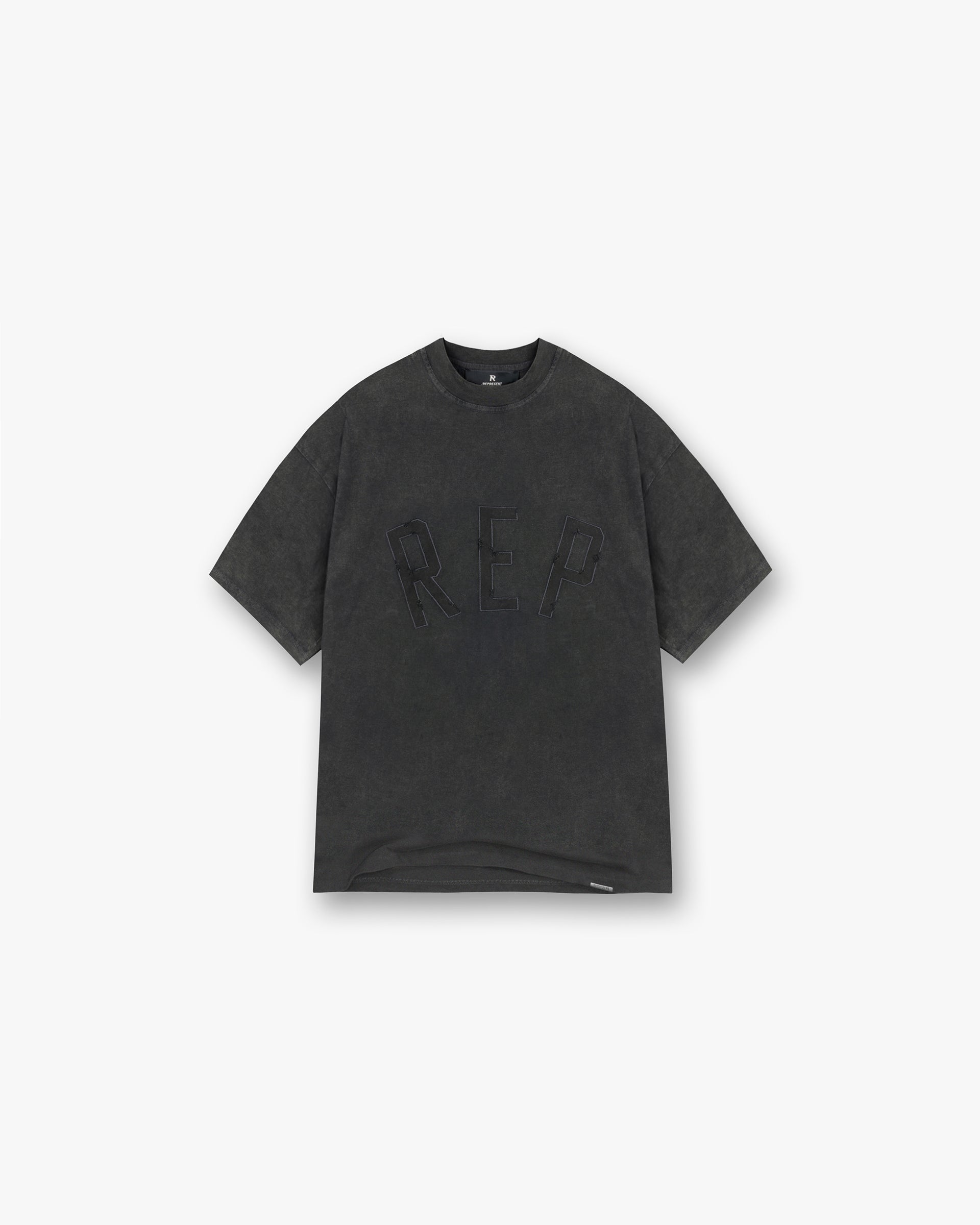 Front product image of a mens black t-shirt on a plain white background | Rep Applique T-Shirt in Vintage Black | T-shirt with applique detailing | FW24 T-Shirts | Represent Clo