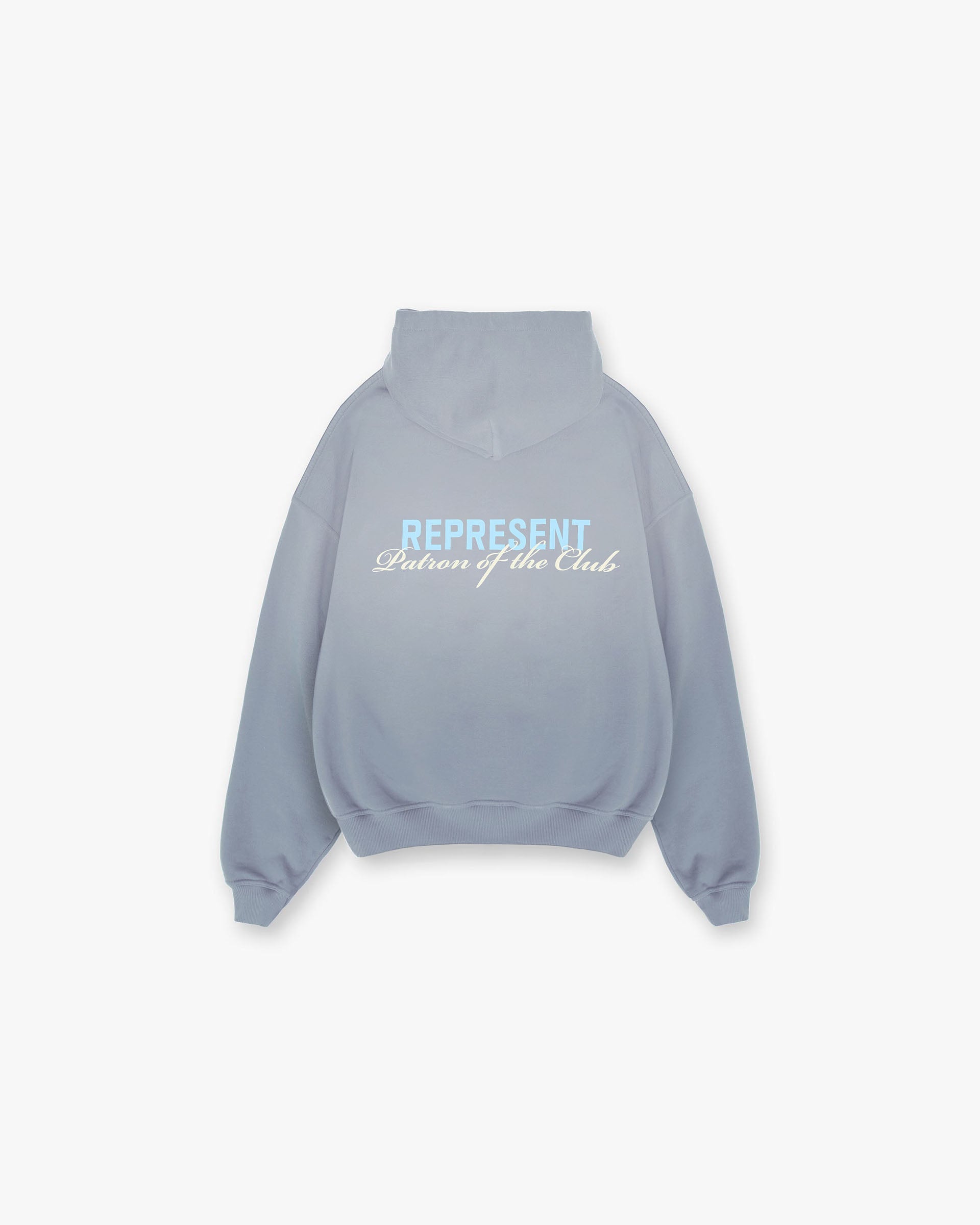 Back product image of a mens grey hoodie on a plain white background | Patron Of The Club Hoodie in Washed Grey | Oversized hoodie with ribbed hem and cuffs | Patrons Hoodies | Represent Clo