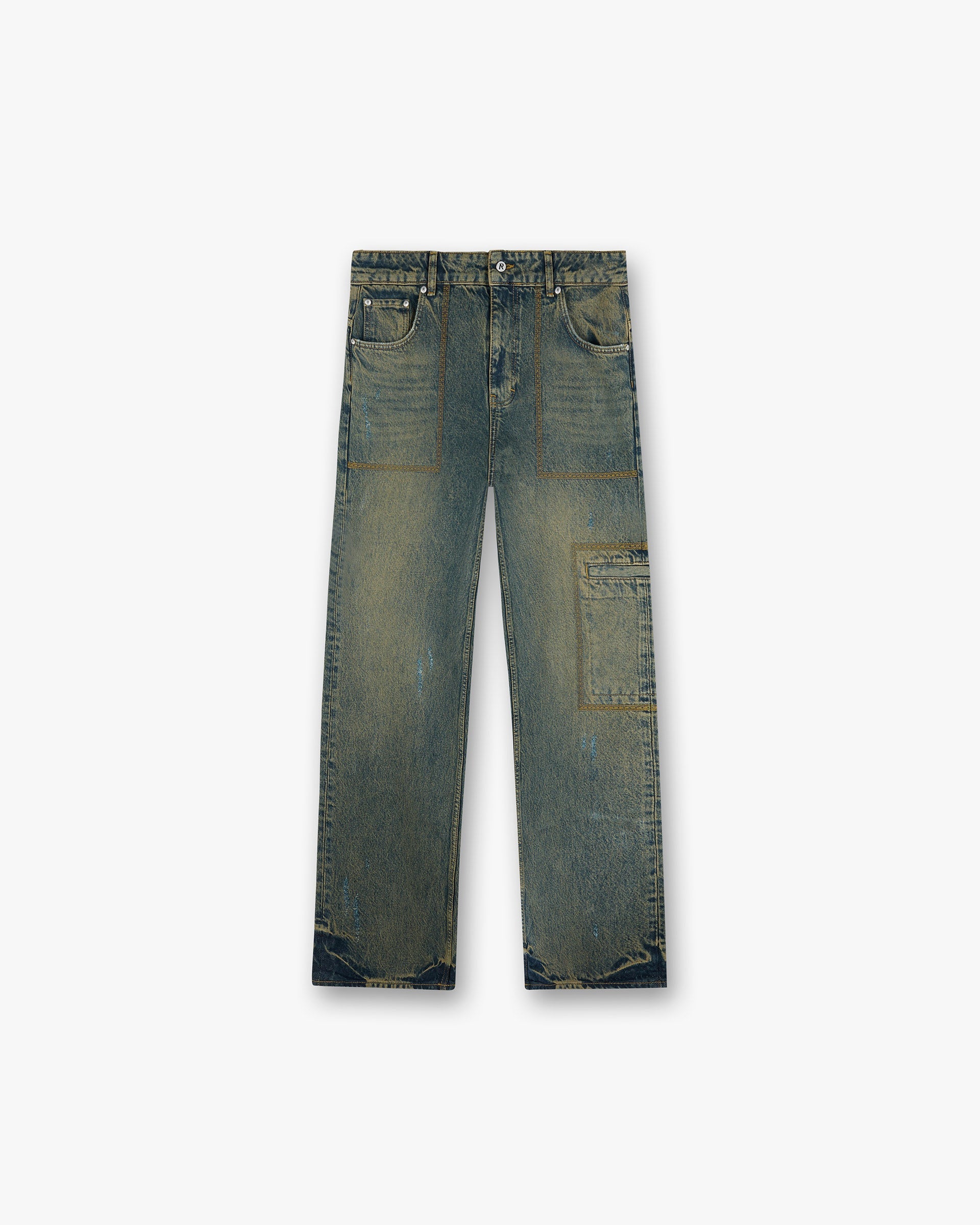 Front product image of mens blue denim on a plain white background | R3 Drive Denim in Tobacco Blue | Denim with pistachio shell cotton | SS25 Denim | Represent Clo