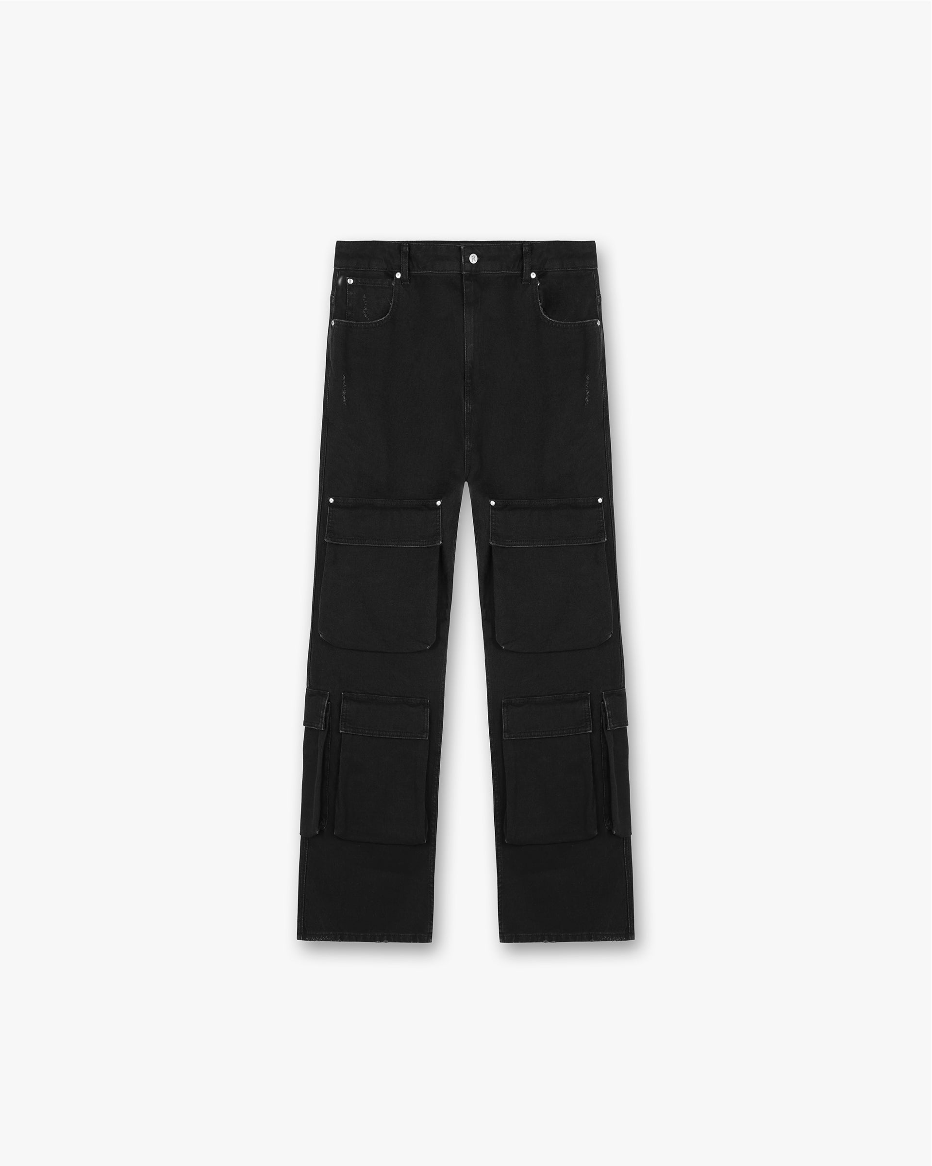 Front product image of mens black cargo denim on a plain white background | R3Ca Cargo Denim in Black | Cargo denim with multiple pockets | SS24 Denim | Represent Clo
