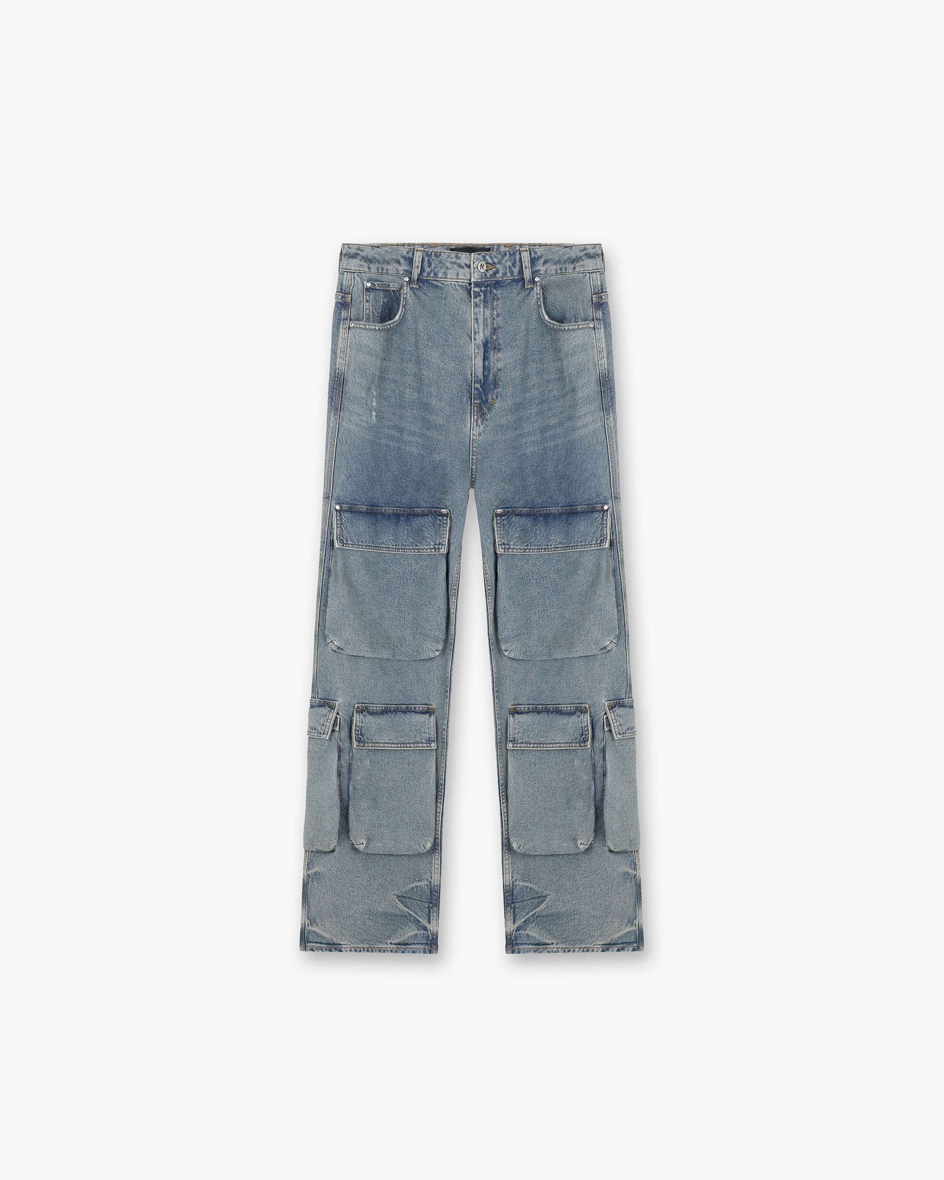 Front product image of mens blue denim on a plain white background | R3Ca Cargo Denim in Blue | Blue denim pants with cargo pockets | SS24 Denim | Represent Clo