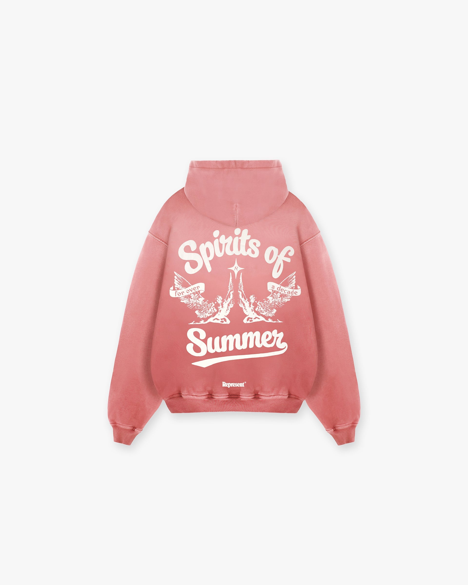 Back product image of a mens orange hoodie on a plain white background | Spirits Of Summer Hoodie in Sunrise | Gradient wash hoodie with puff print | SS24 Hoodies | Represent Clo