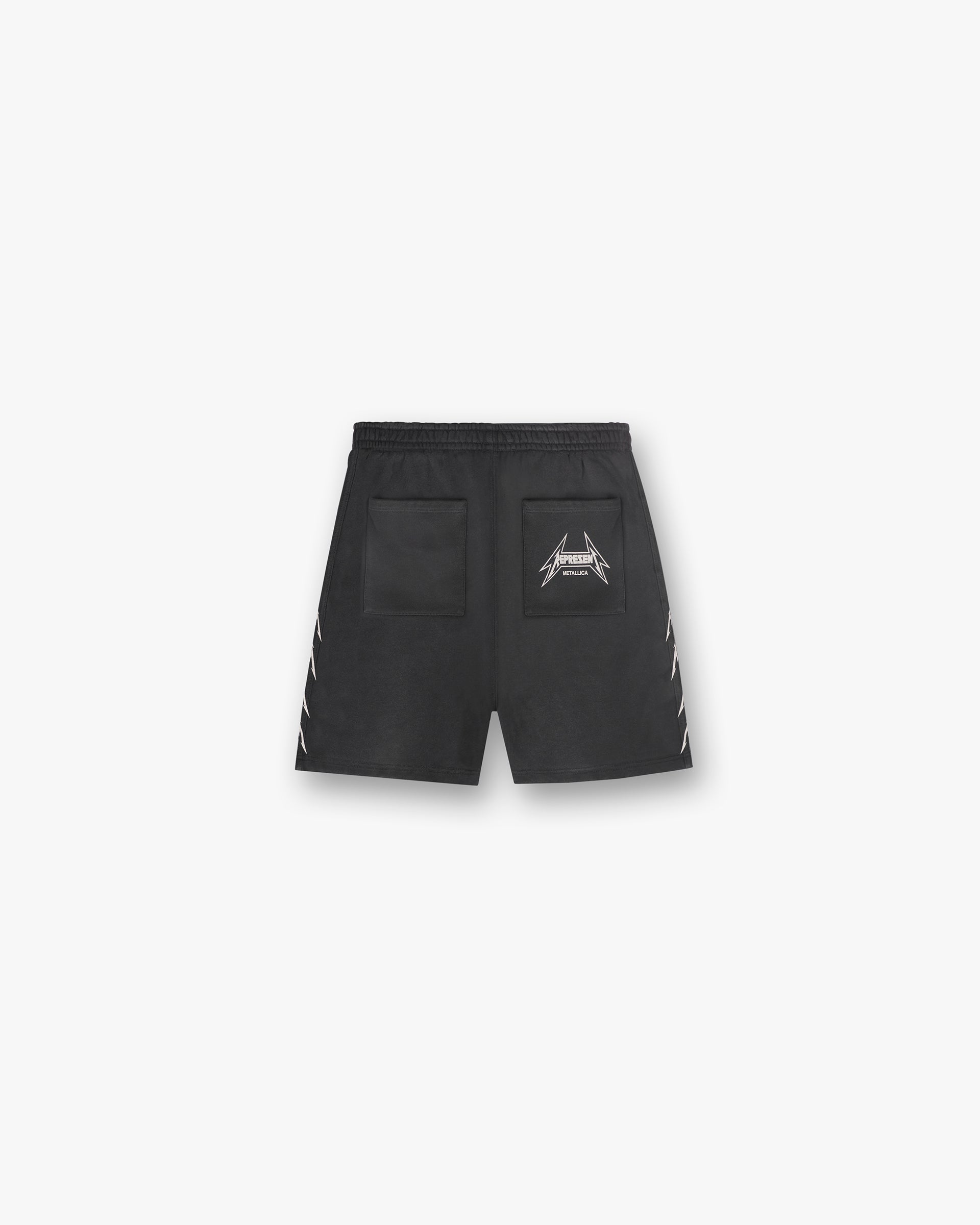 Back product image of mens black shorts on a plain white background | Represent X Metallica Local Crew Short in Stained Black | Shorts with elasticated waistband and cracked print logos | SS24 Other | Represent Clo