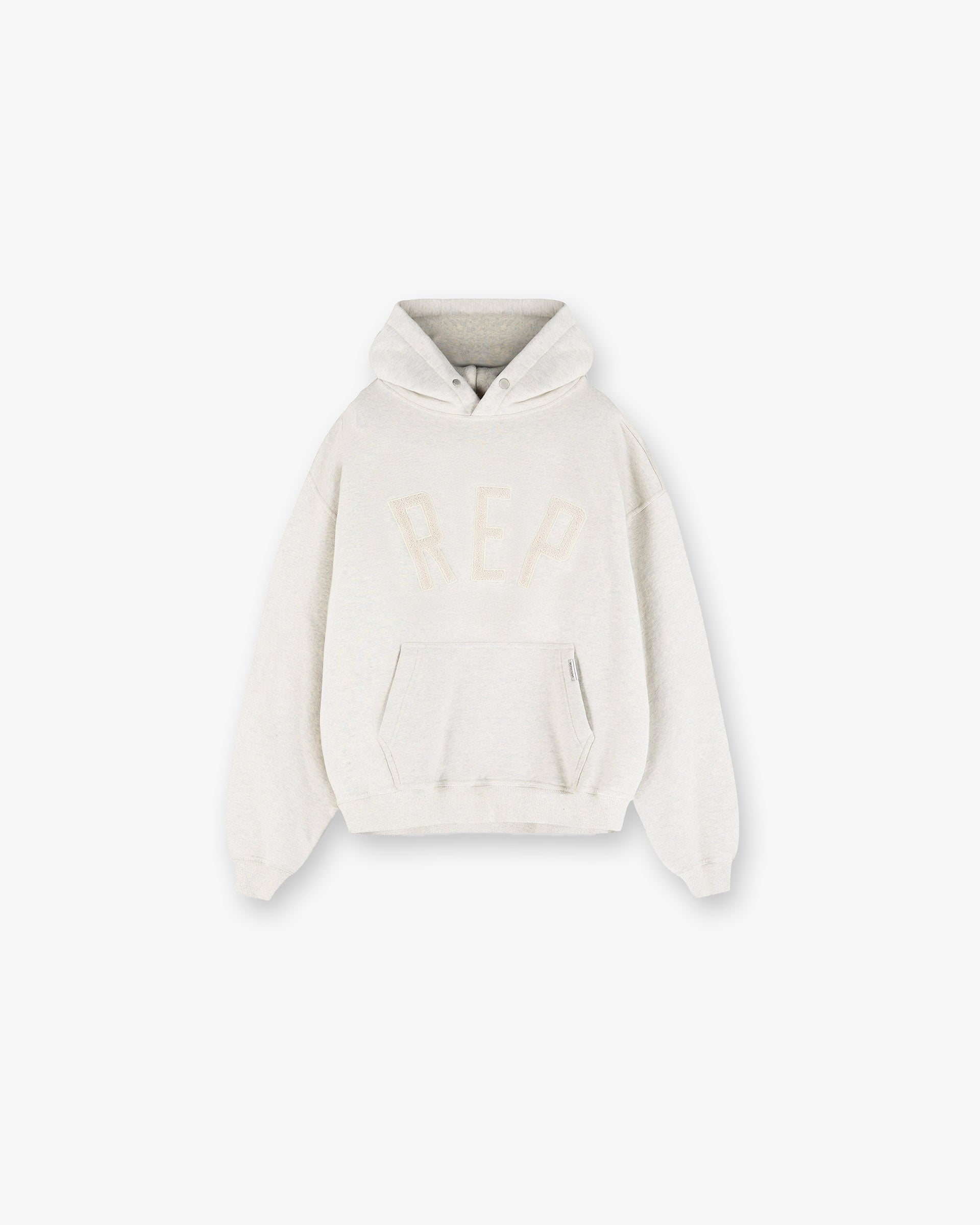 Front product image of a mens cream hoodie on a plain white background | Rep Applique Hoodie in Cream Marl | Cotton Hoodie | SS25 Hoodies | Represent Clo