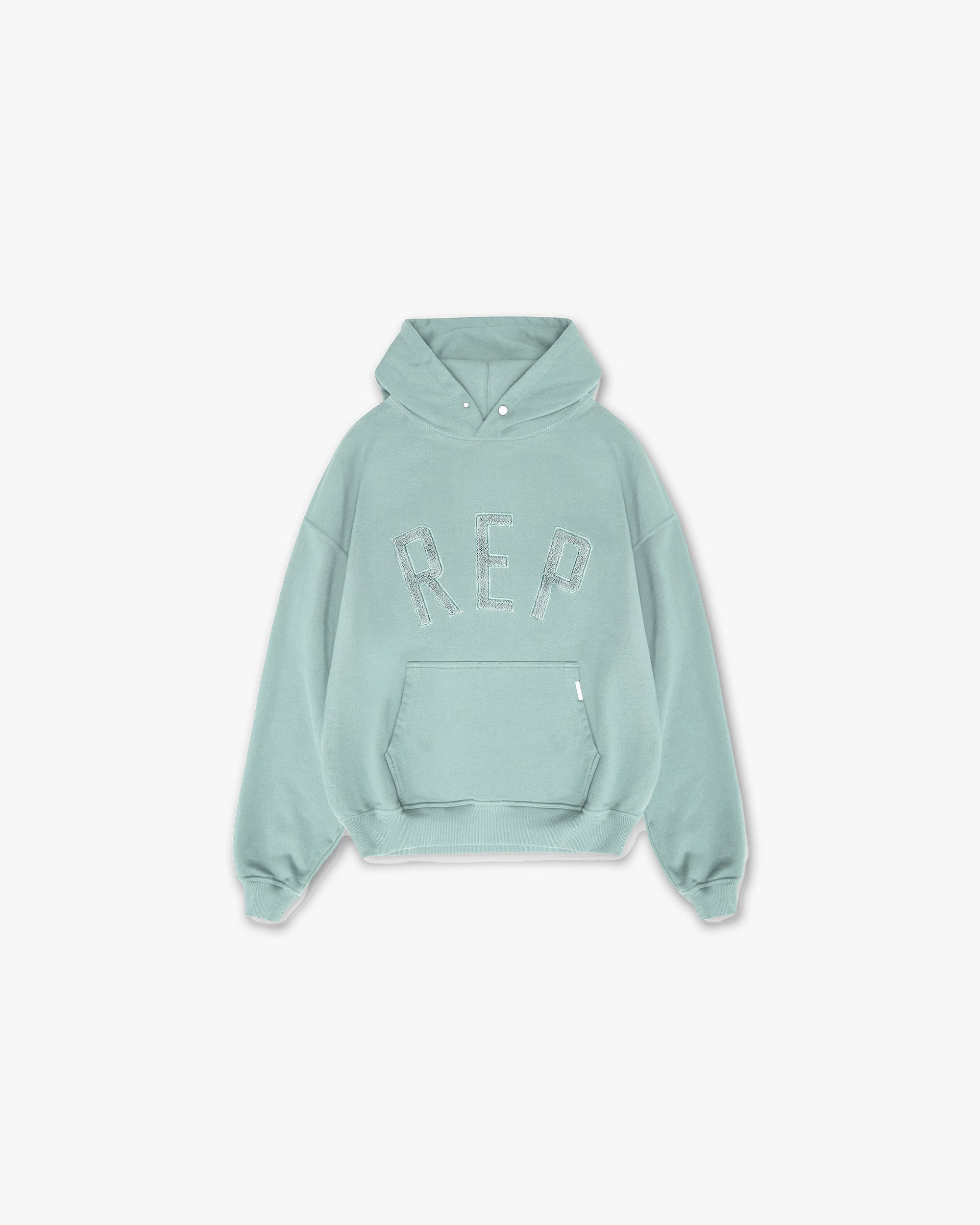 Front product image of a mens green hoodie on a plain white background | Rep Applique Hoodie in Forest Green | Hoodie with Represent branding | SS25 Hoodies | Represent Clo