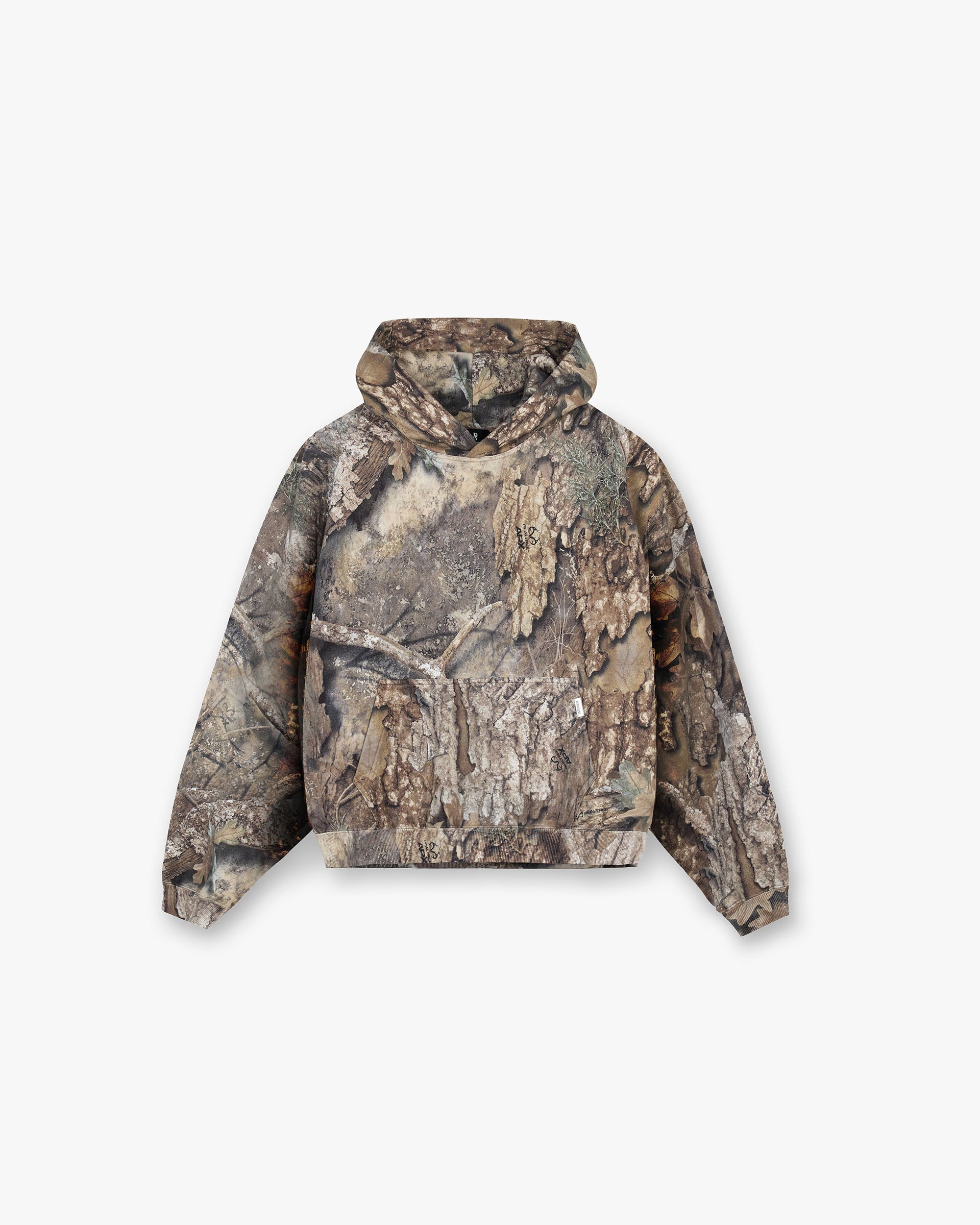 Front product image of a mens camo hoodie on a plain white background | Realtree Camo Boxy Hoodie in Camo | Boxy fit hoodie with oversized design and side seam pockets | SS25 Hoodies | Represent Clo