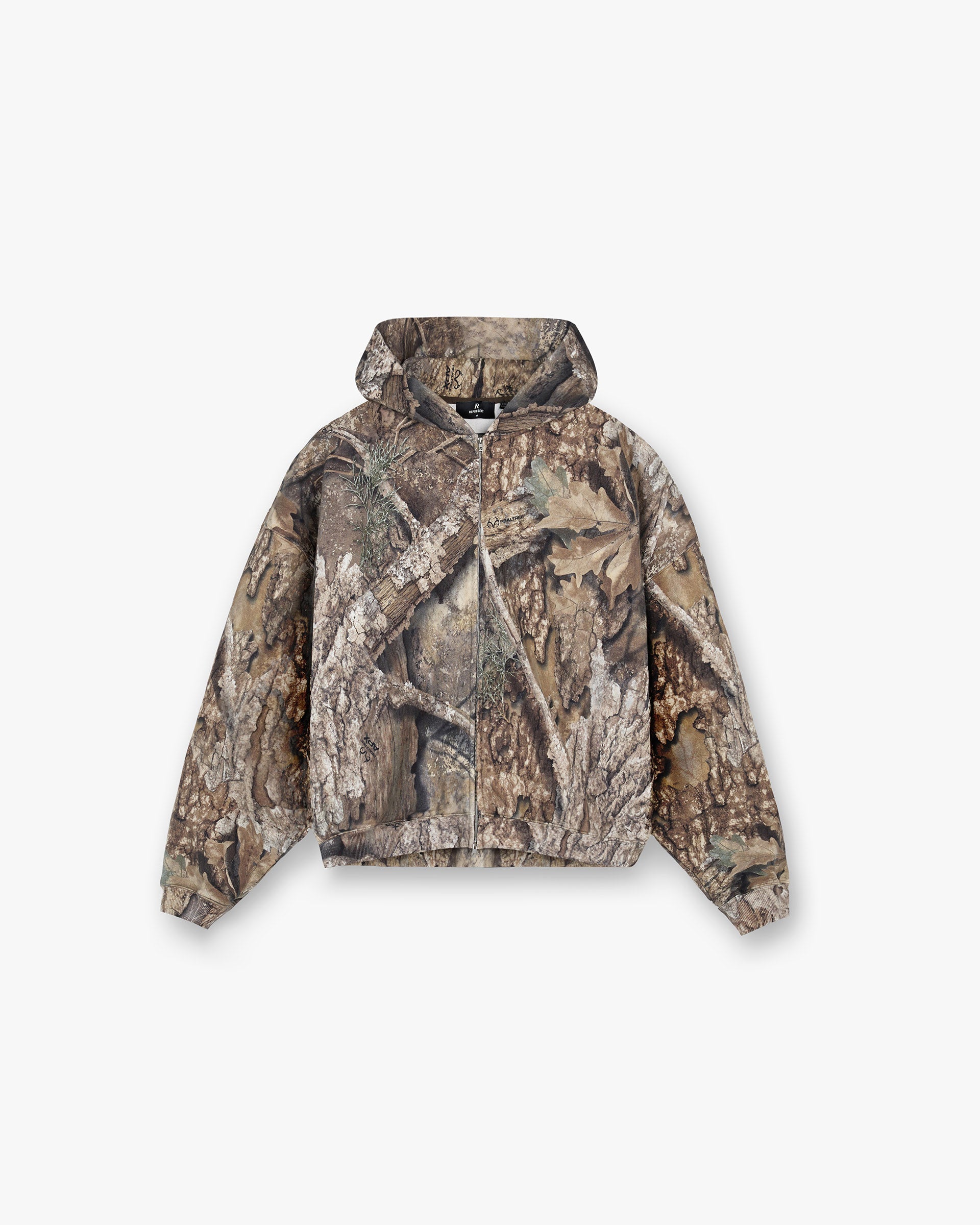 Front product image of a mens camo hoodie on a plain white background | Realtree Zip Up Camo Boxy Hoodie in Camo | Boxy fit zip up hoodie with camo print | SS25 Hoodies | Represent Clo