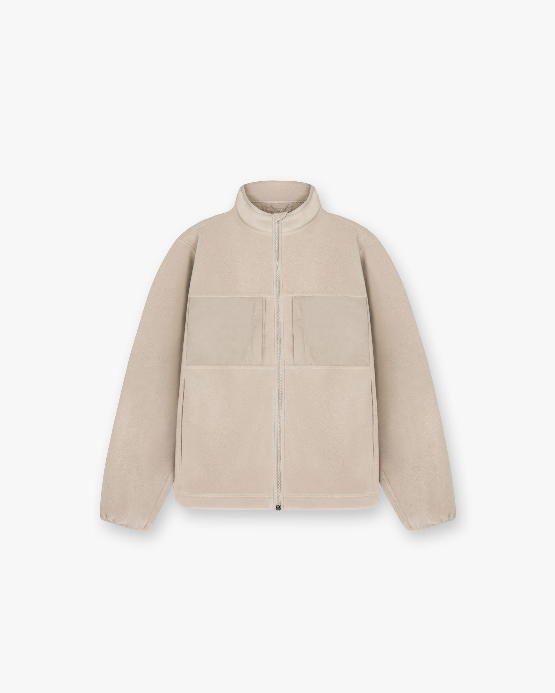 Front product image of a mens grey fleece jacket on a plain white background | 247 Polar Panelled Fleece in Pebble | Panelled fleece outerwear | 247 Outerwear | Represent Clo