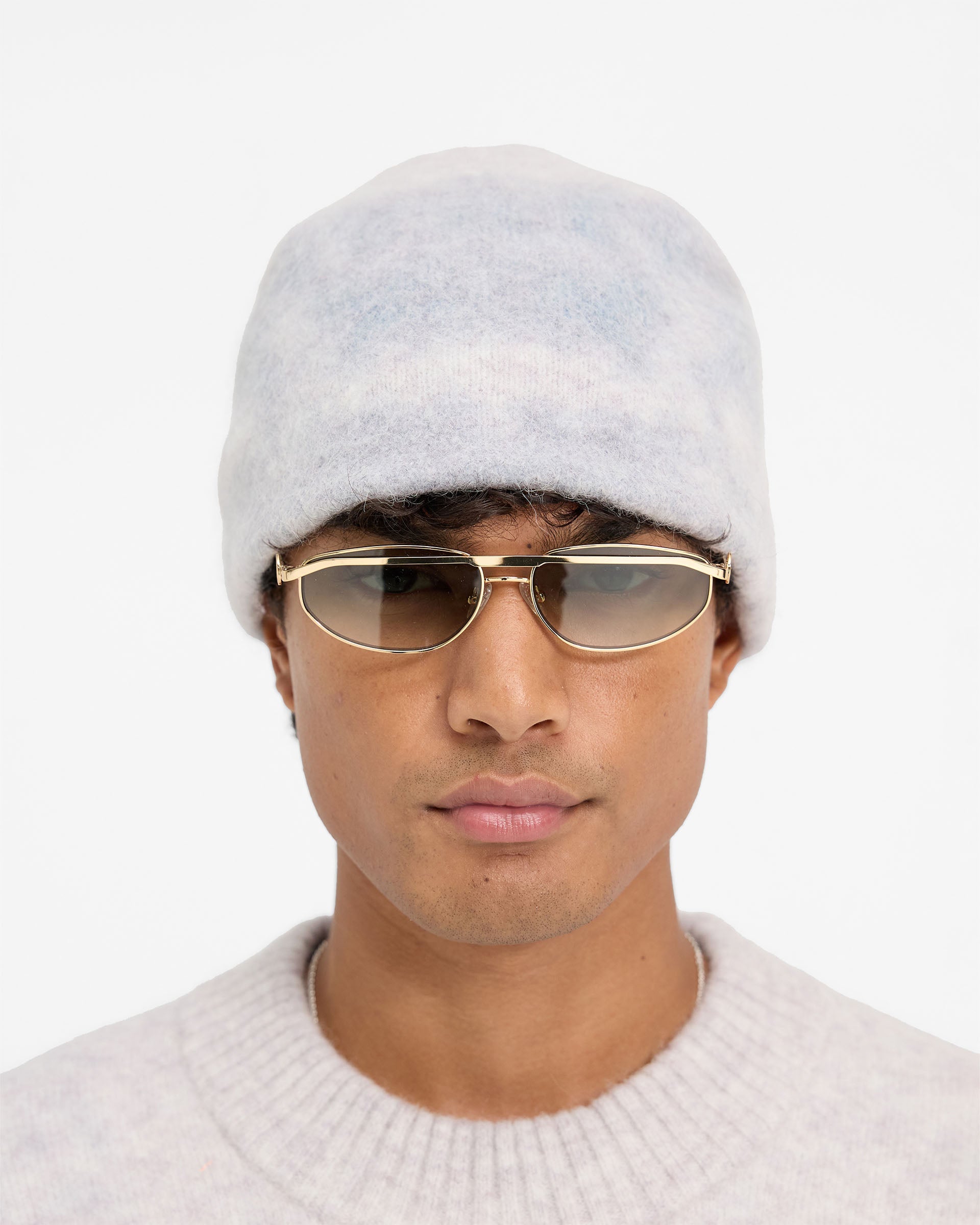Back product image of a mens grey knit beanie on a plain white background | Abstract Knit Beanie in Rock | Alpaca blend beanie with cotton lining | FW24 Accessories | Represent Clo