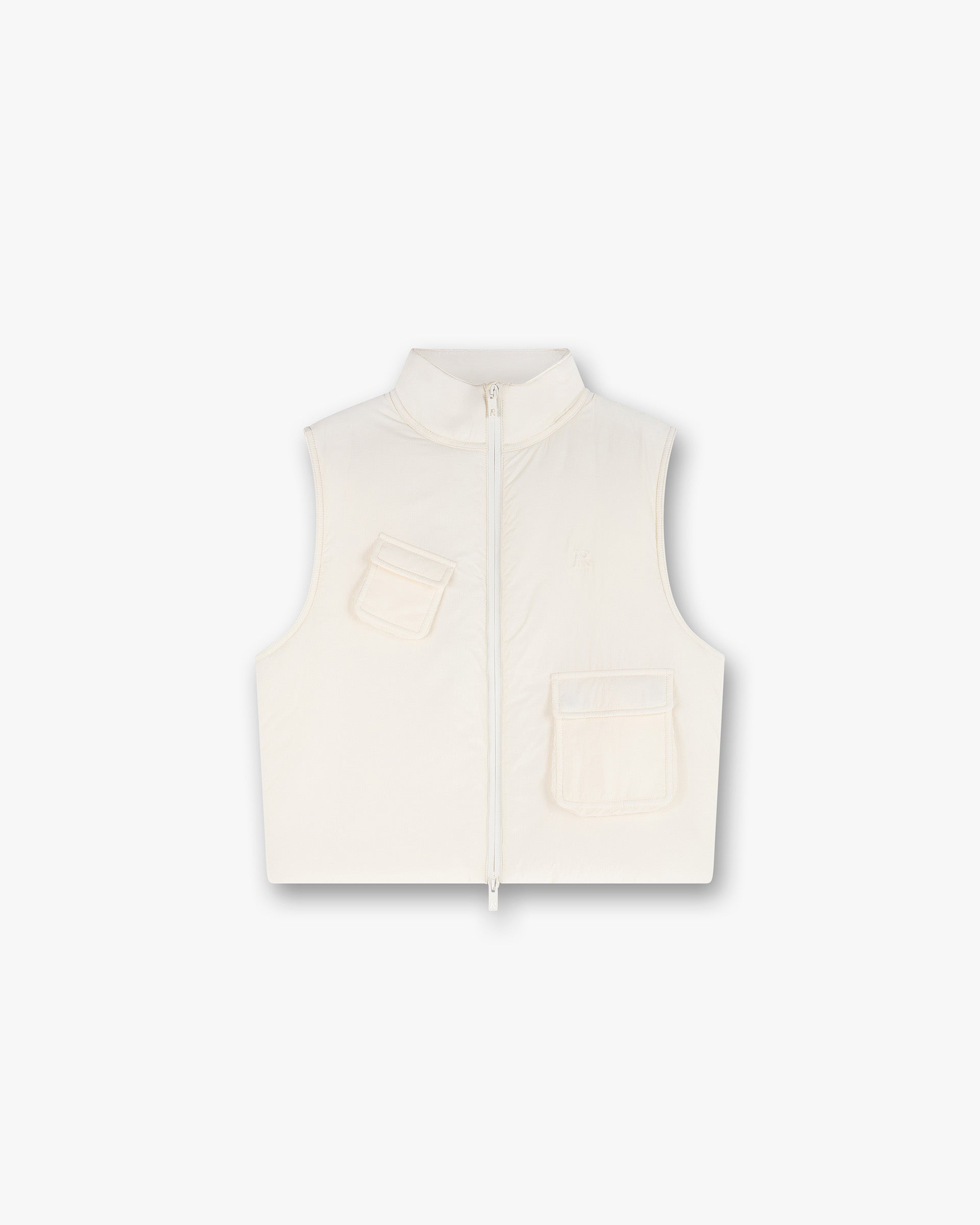 Front product image of a womens white gilet on a plain white background | Revolver Gilet in Warm White | Lightweight outerwear with comfort-first design | Womens SS25 Outerwear | Represent Clo