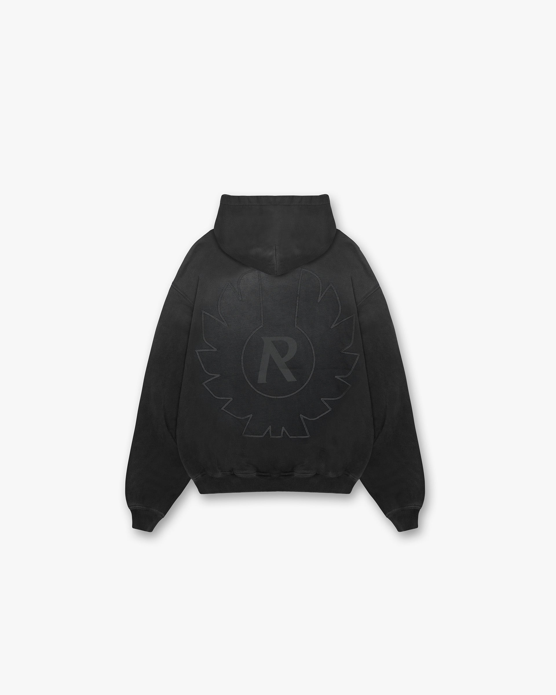 Back product image of a mens black hoodie on a plain white background | Represent X Belstaff Outline Phoenix Hoodie in Shadow | Oversized heavyweight hoodie with embroidered logos | Exclusives Hoodies | Represent Clo