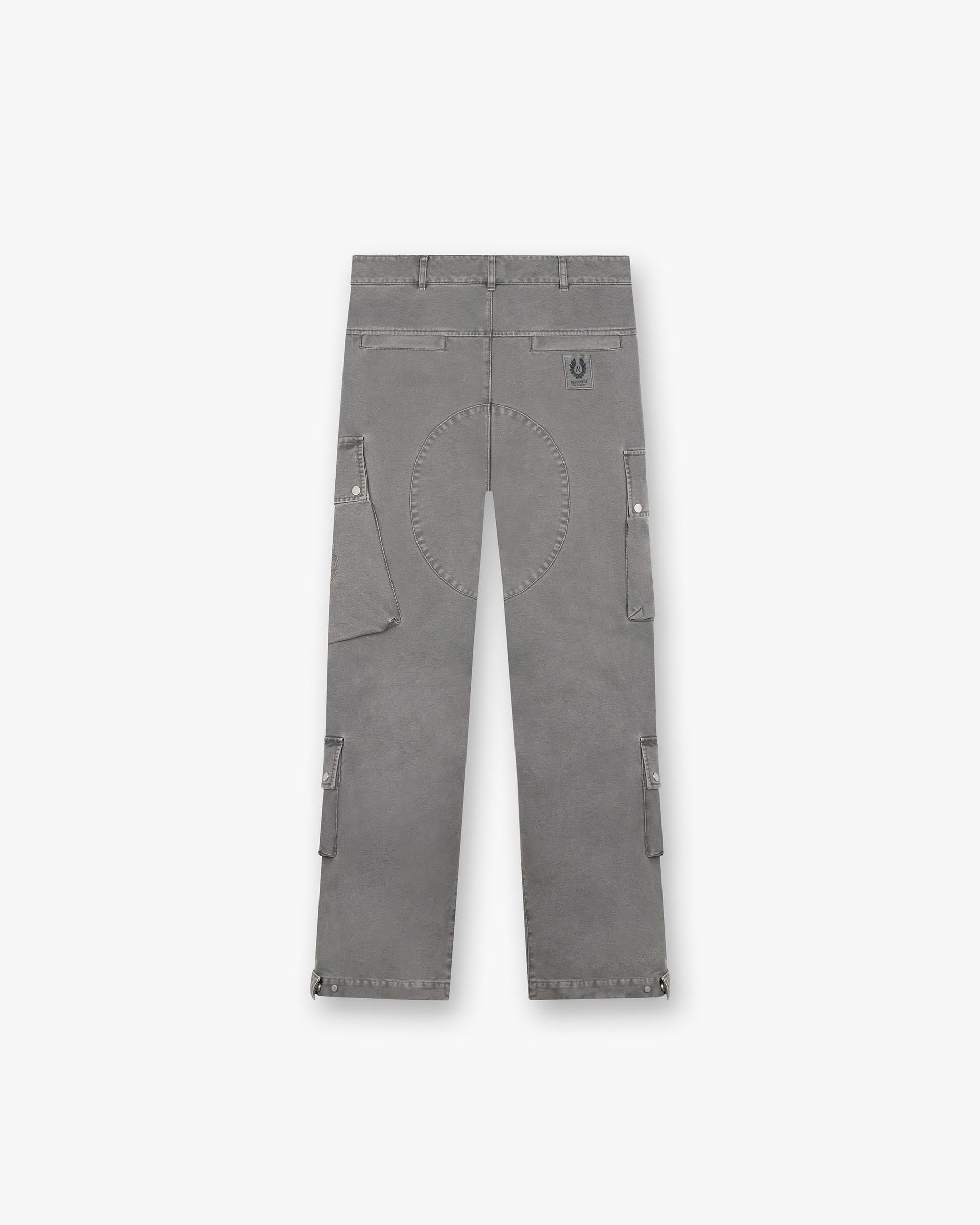 Back product image of mens grey cargo pants on a plain white background | Represent X Belstaff Enduro Cargo in Shadow | Oversized cargo pants with multiple pockets | Exclusives Pants | Represent Clo