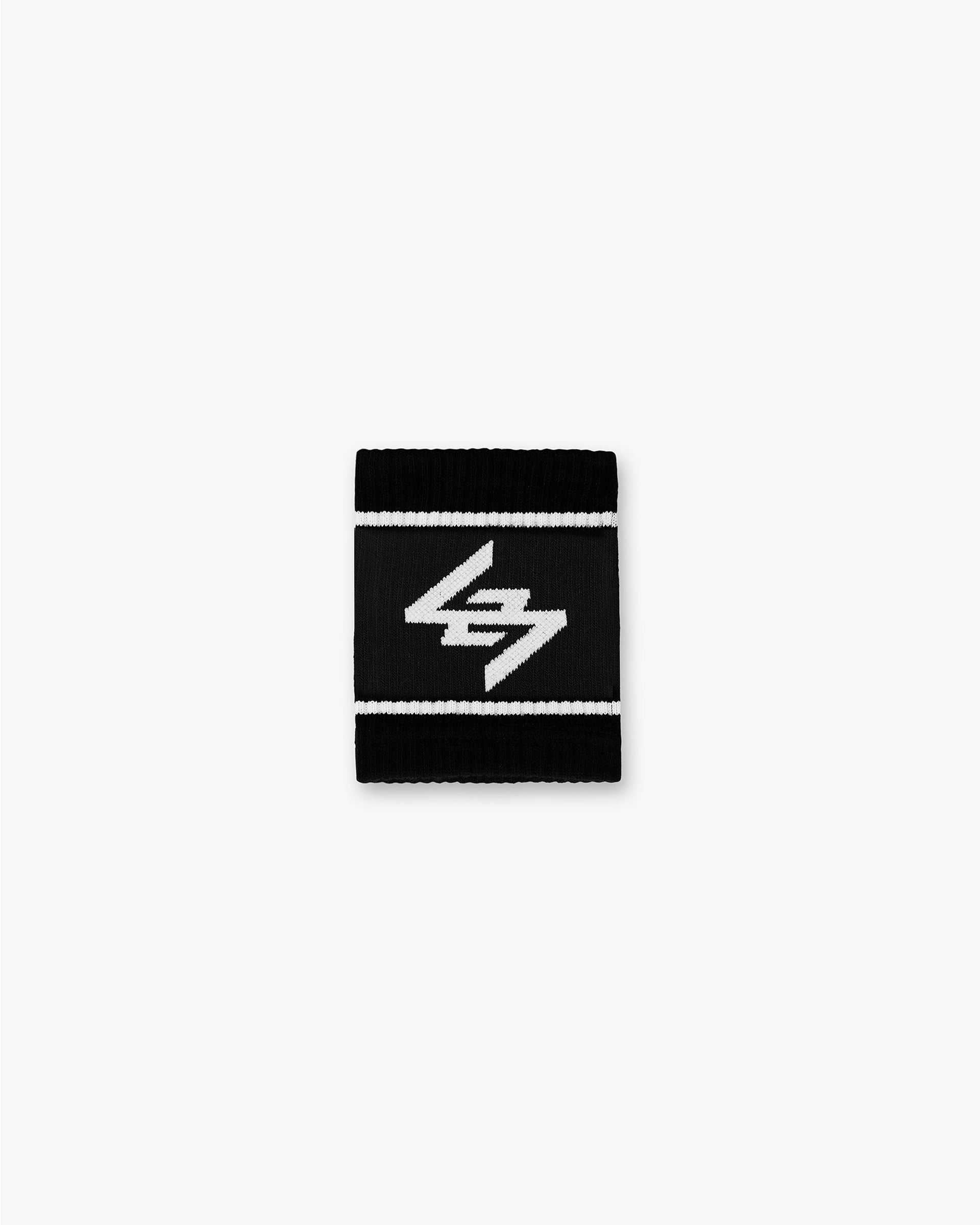 Pair of mens black wristbands on a plain white background | 247 Logo Wrist Bands in Black | Cotton wristbands with 247 logo | 247 Accessories | Represent Clo