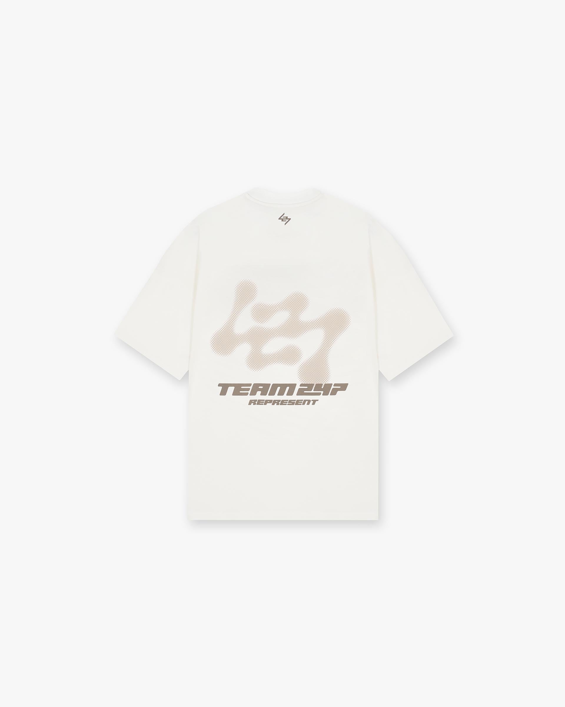 Back product image of a mens white t-shirt on a plain white background | 247 Future Terrains Oversized T-Shirt in Flat White | Oversized white t-shirt with moisture wicking and quick drying fabric | 247 T-Shirts | Represent Clo