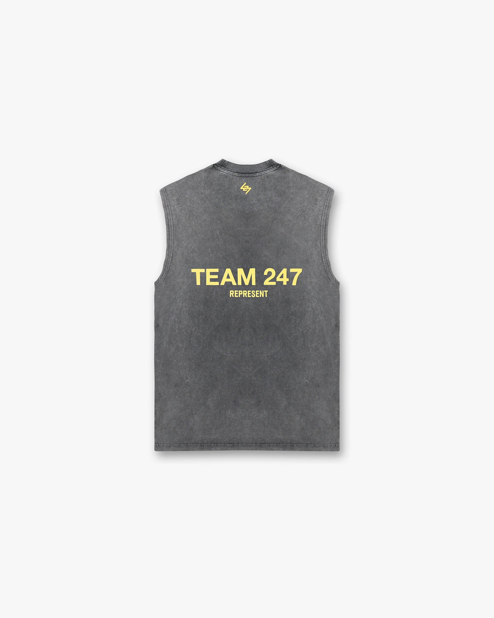 Back product image of a mens grey tank top on a plain white background | Team 247 Oversized Tank in Pewter Lemon | Oversized tank top with breathable quick drying fabric | 247 T-Shirts | Represent Clo
