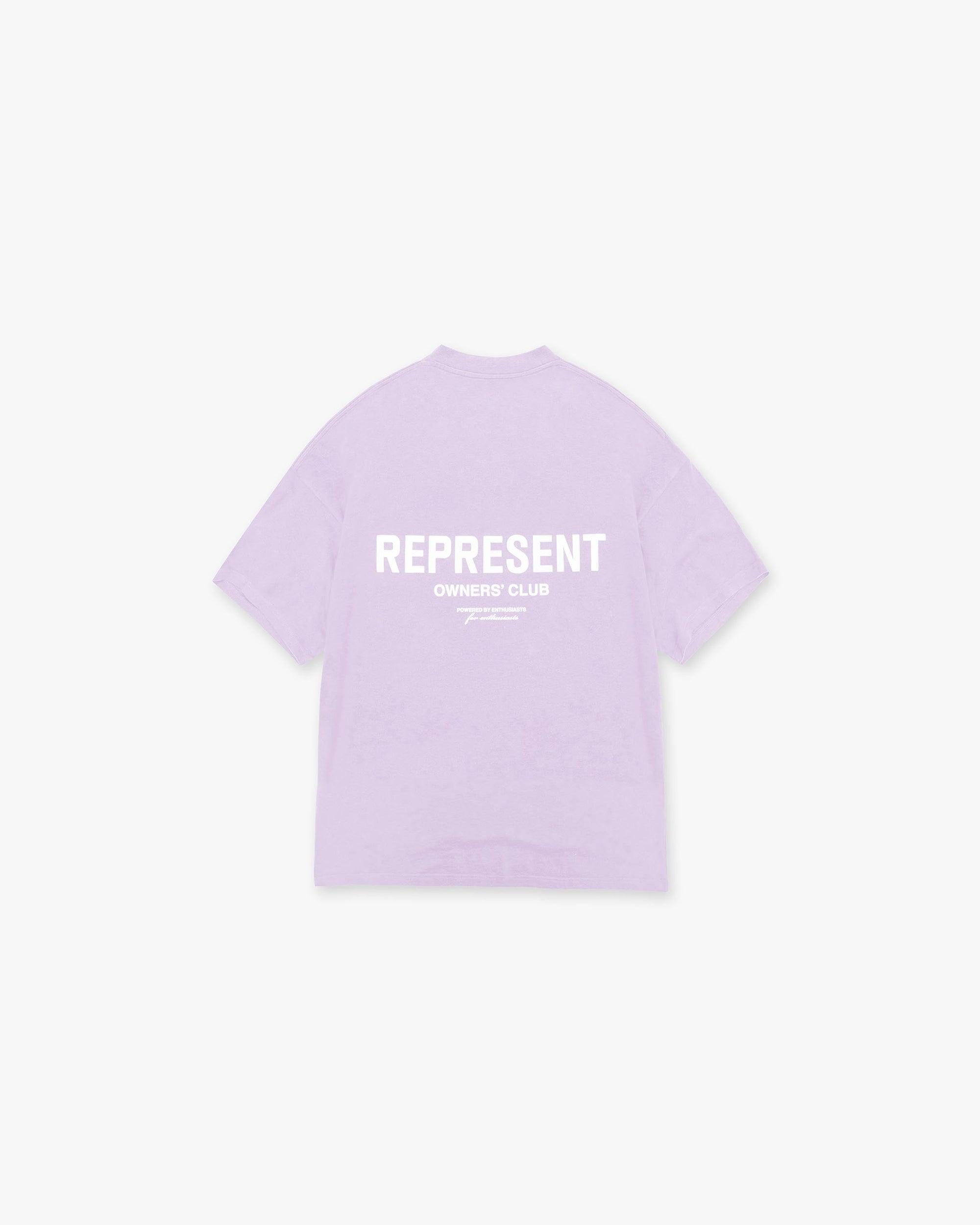 Front product image of a mens pastel lilac t-shirt on a plain white background | Represent Owners Club T-Shirt in Pastel Lilac | Crew neck t-shirt with Owners Club branding | Owners Club T-Shirts | Represent Clo