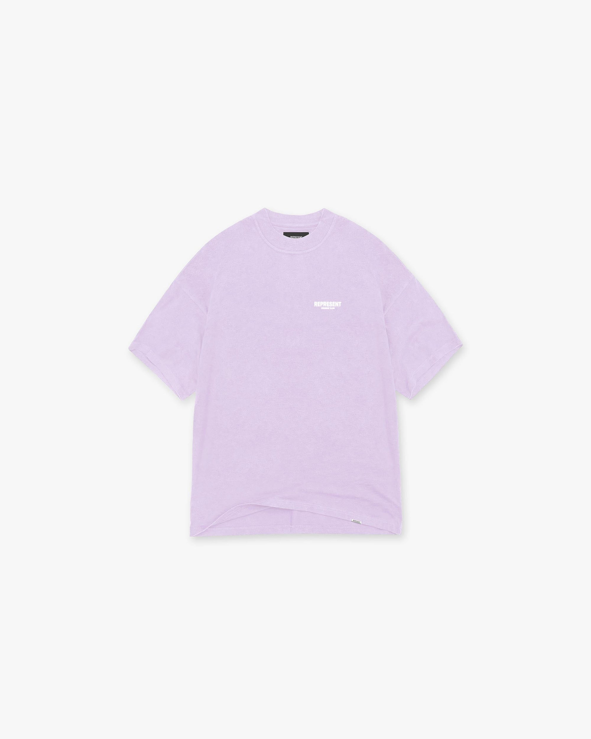 Back product image of a mens lilac t-shirt on a plain white background | Represent Owners Club T-Shirt in Pastel Lilac | Oversized t-shirt with Owners Club branding | Owners Club T-Shirts | Represent Clo