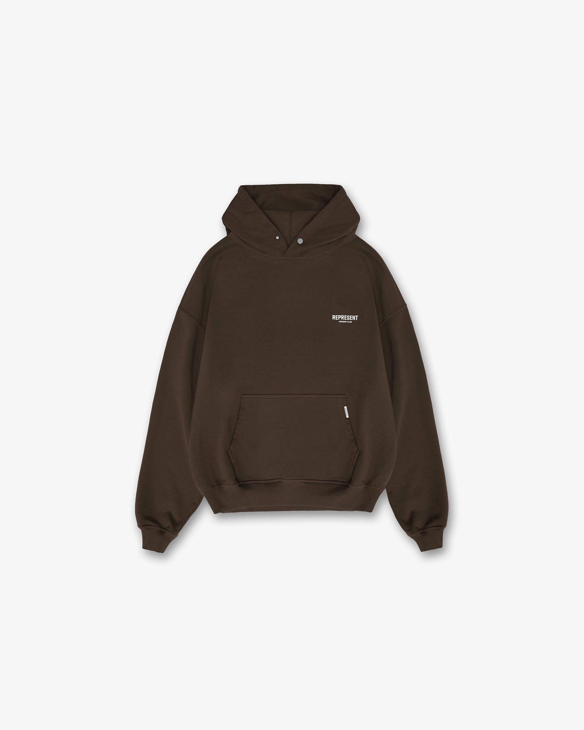 Back product image of a mens brown hoodie on a plain white background | Represent Owners Club Hoodie in Brown | Oversized fit hoodie with Owners Club print and ribbed trims | Owners Club Hoodies | Represent Clo
