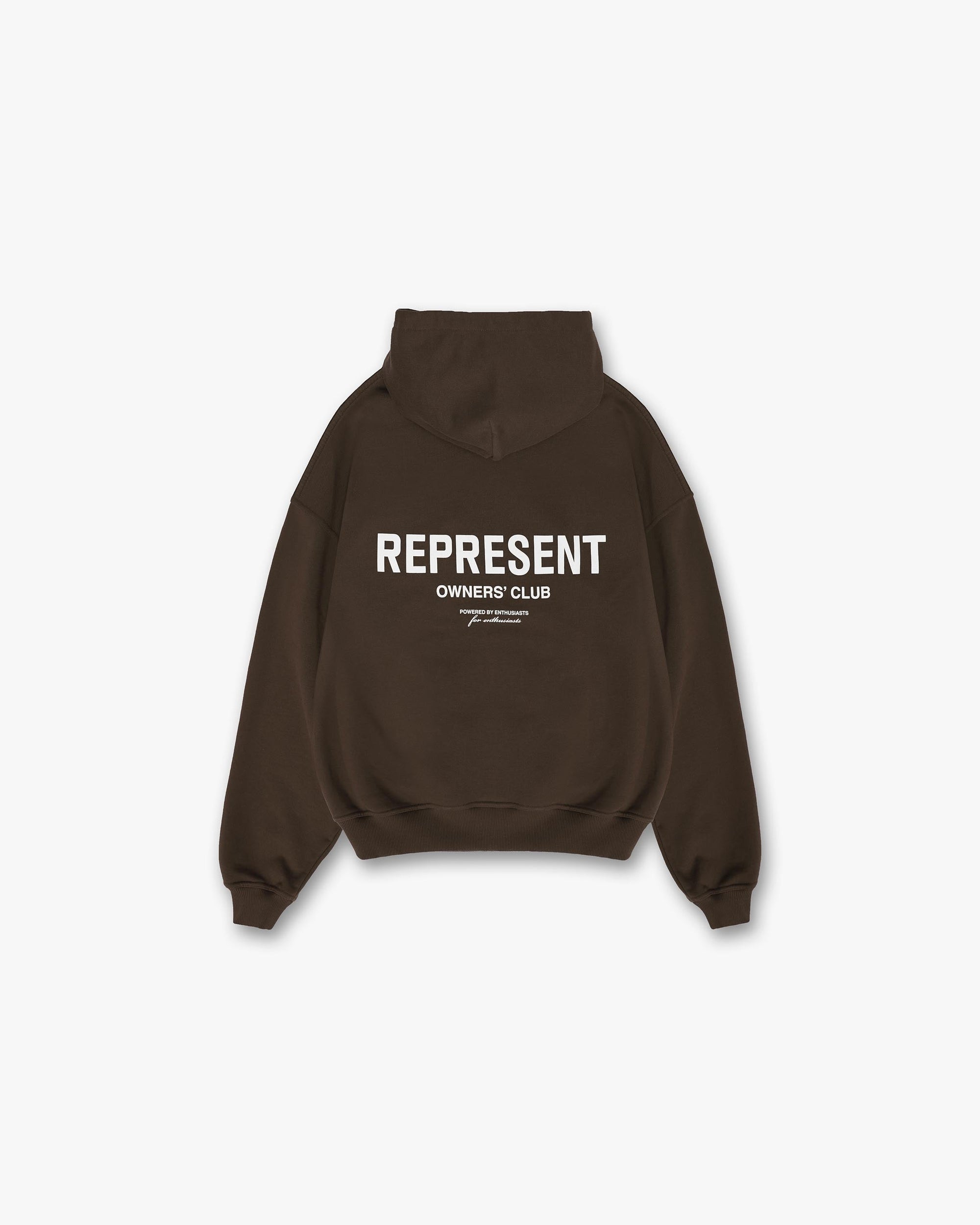 Front product image of a mens brown hoodie on a plain white background | Represent Owners Club Hoodie in Brown | Hoodie with ribbed hem and cuffs | Owners Club Hoodies | Represent Clo