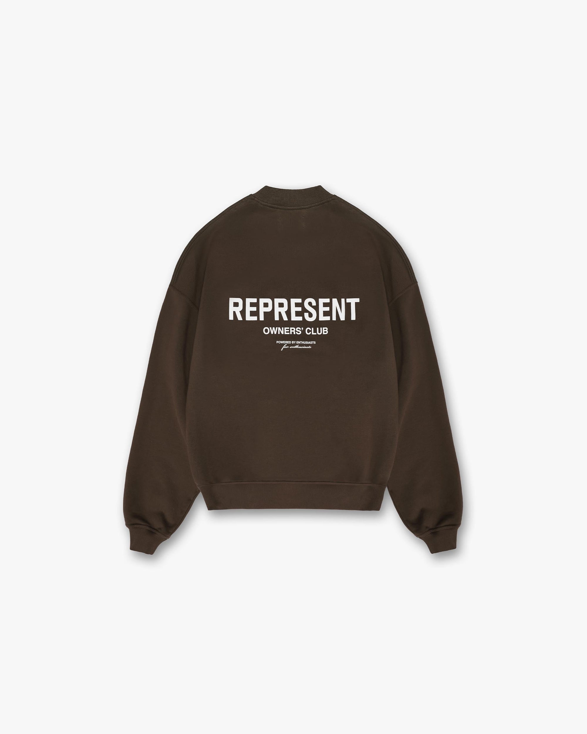 Front product image of a mens brown sweater on a plain white background | Represent Owners Club Sweater in Brown | Classic fit crew neck sweater | Owners Club Sweaters | Represent Clo