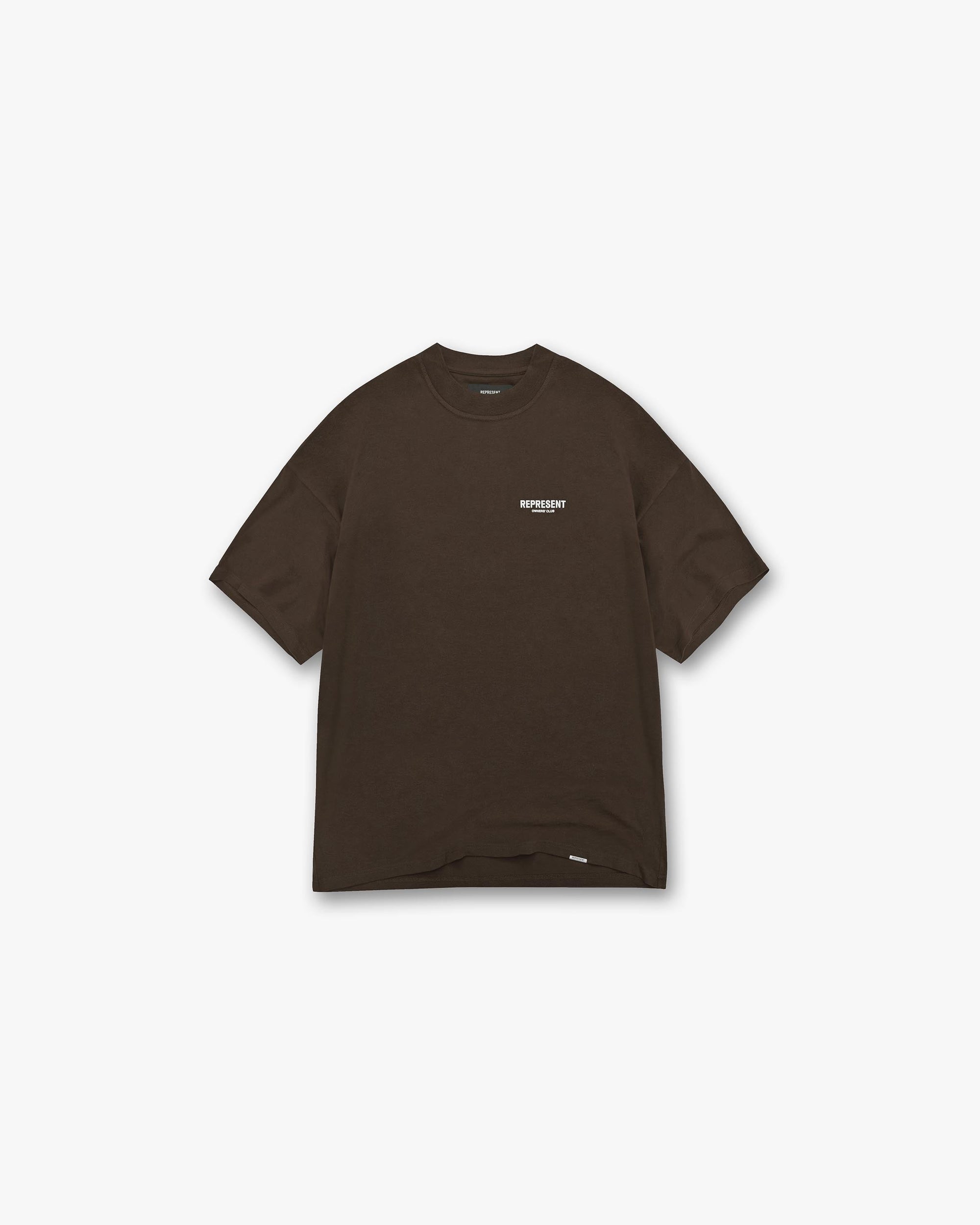 Back product image of a mens brown t-shirt on a plain white background | Represent Owners Club T-Shirt in Brown | Oversized short sleeve t-shirt with graphic branding | Owners Club T-Shirts | Represent Clo