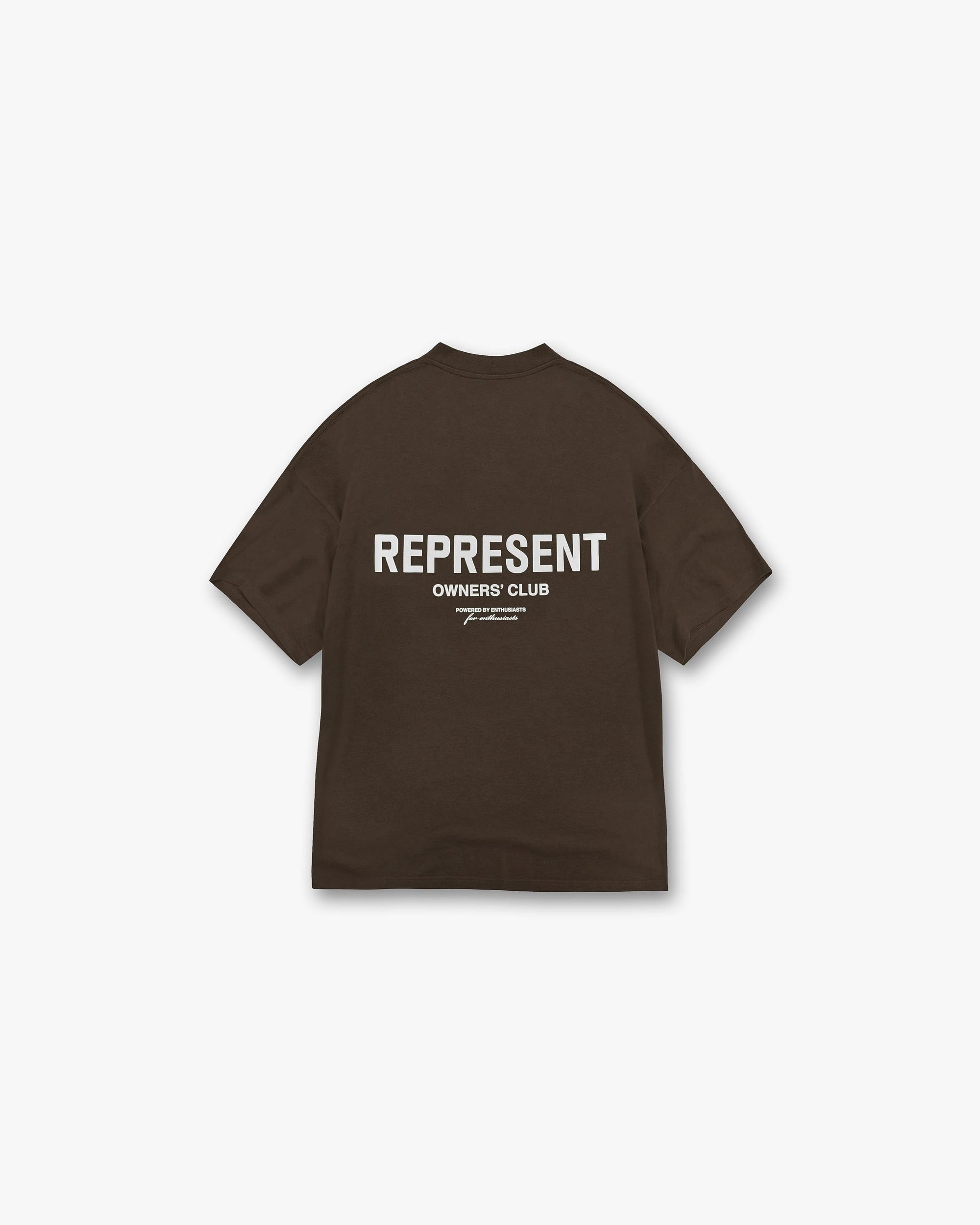 Front product image of a mens brown t-shirt on a plain white background | Represent Owners Club T-Shirt in Brown | T-Shirt with branded design | Owners Club T-Shirts | Represent Clo