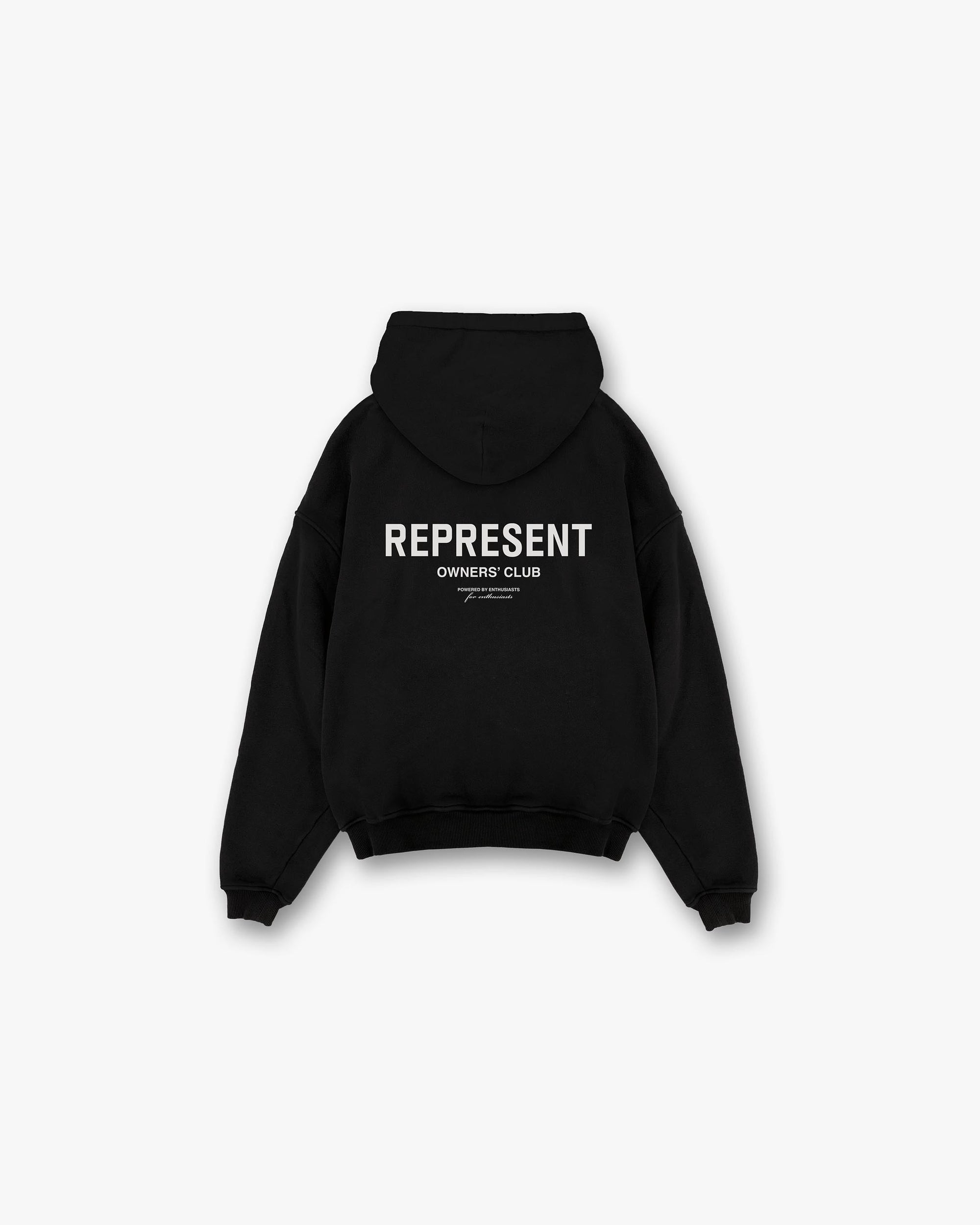 Front product image of a mens black hoodie on a plain white background | Represent Owners Club Hoodie in Black Matte | Heavyweight brushed loopback cotton hoodie | Owners Club Hoodies | Represent Clo