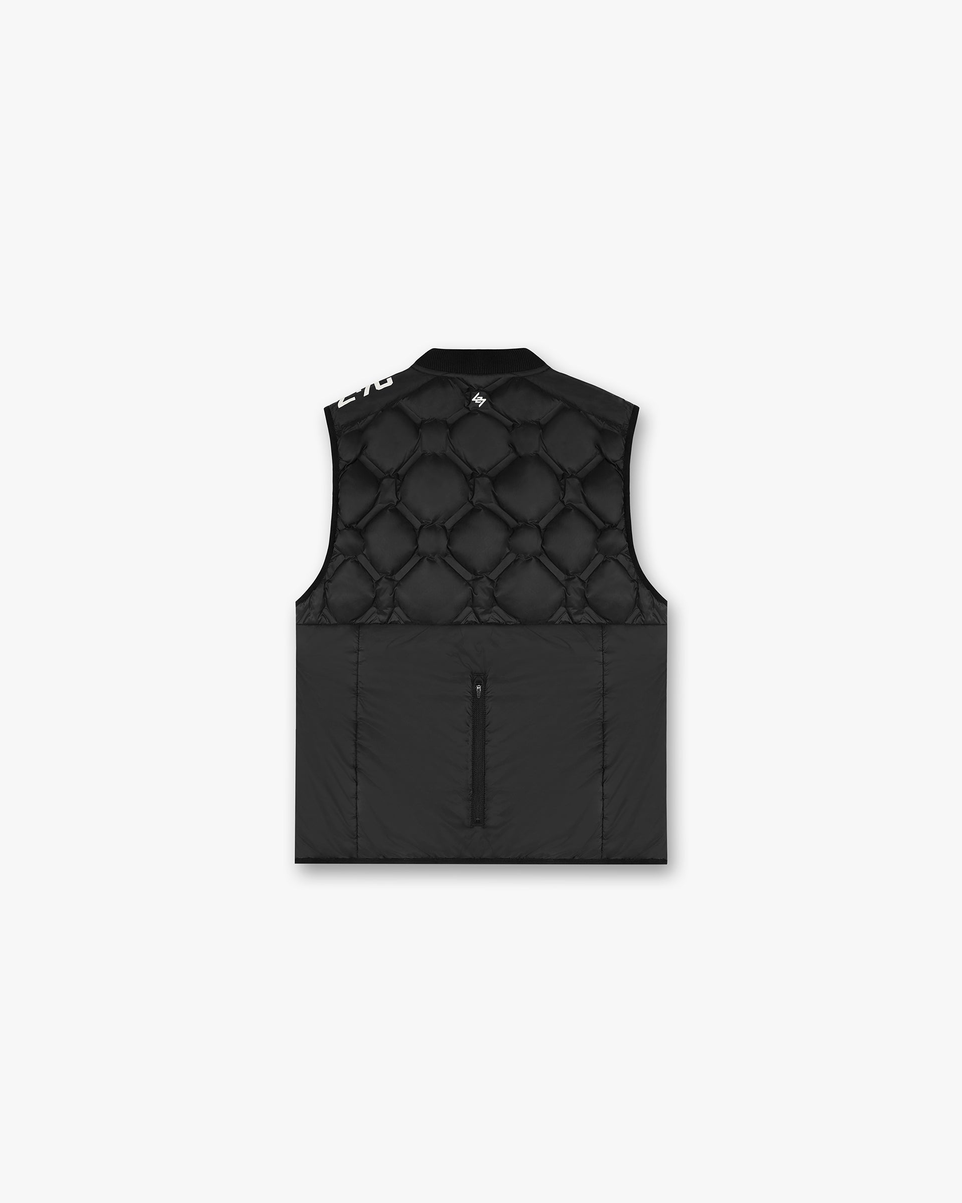 Back product image of a mens black gilet on a plain white background | 247 Lightweight Gilet in Black | Black lightweight gilet with heat sealed quilting and bomber collar | 247 Outerwear | Represent Clo