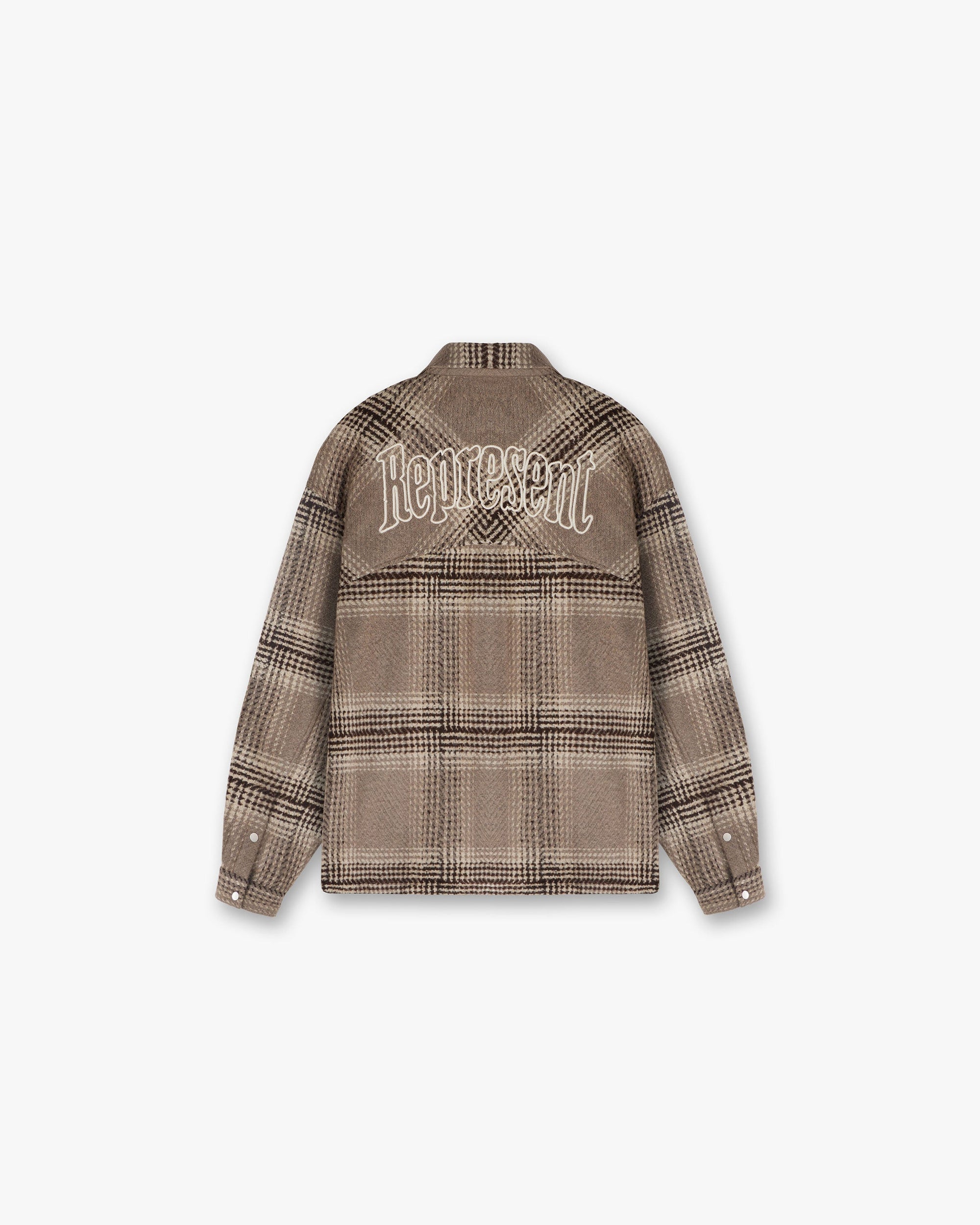 Back product image of a mens brown check flannel shirt on a plain white background | Represent Flannel Shirt in Brown Check | Flannel shirt with chest patch pockets and cobrax popper fastenings | FW24 Shirts | Represent Clo
